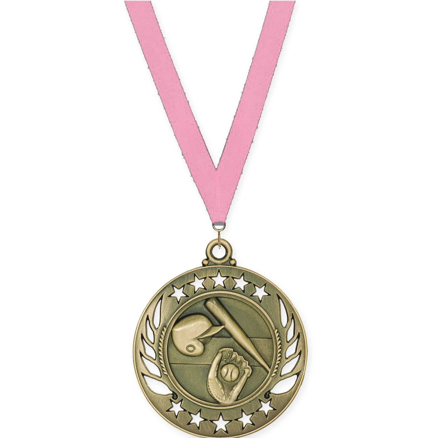2 1/4 inch baseball and softball Galaxy medal in antique gold with Pink neck ribbon