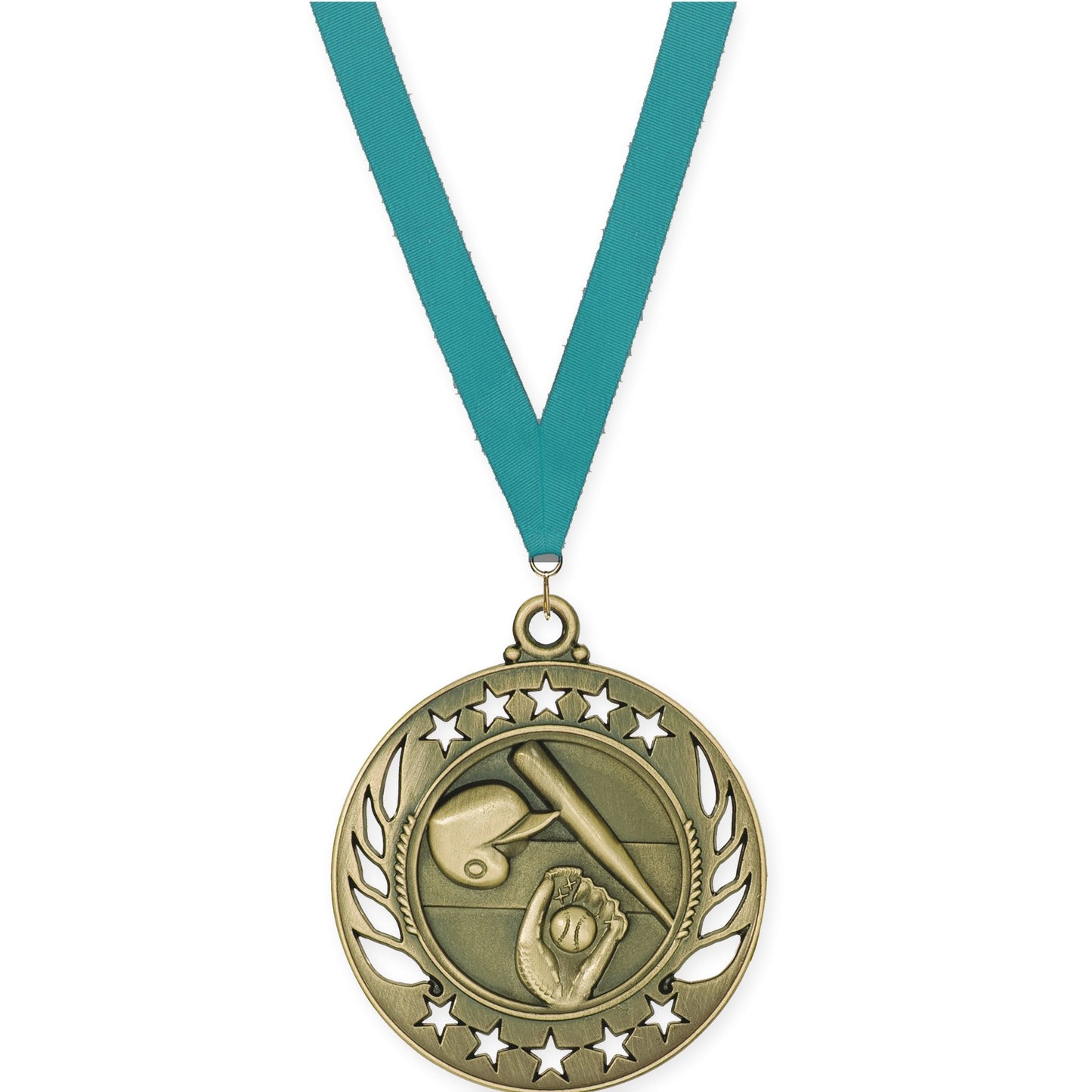 2 1/4 inch baseball and softball Galaxy medal in antique gold with Teal neck ribbon