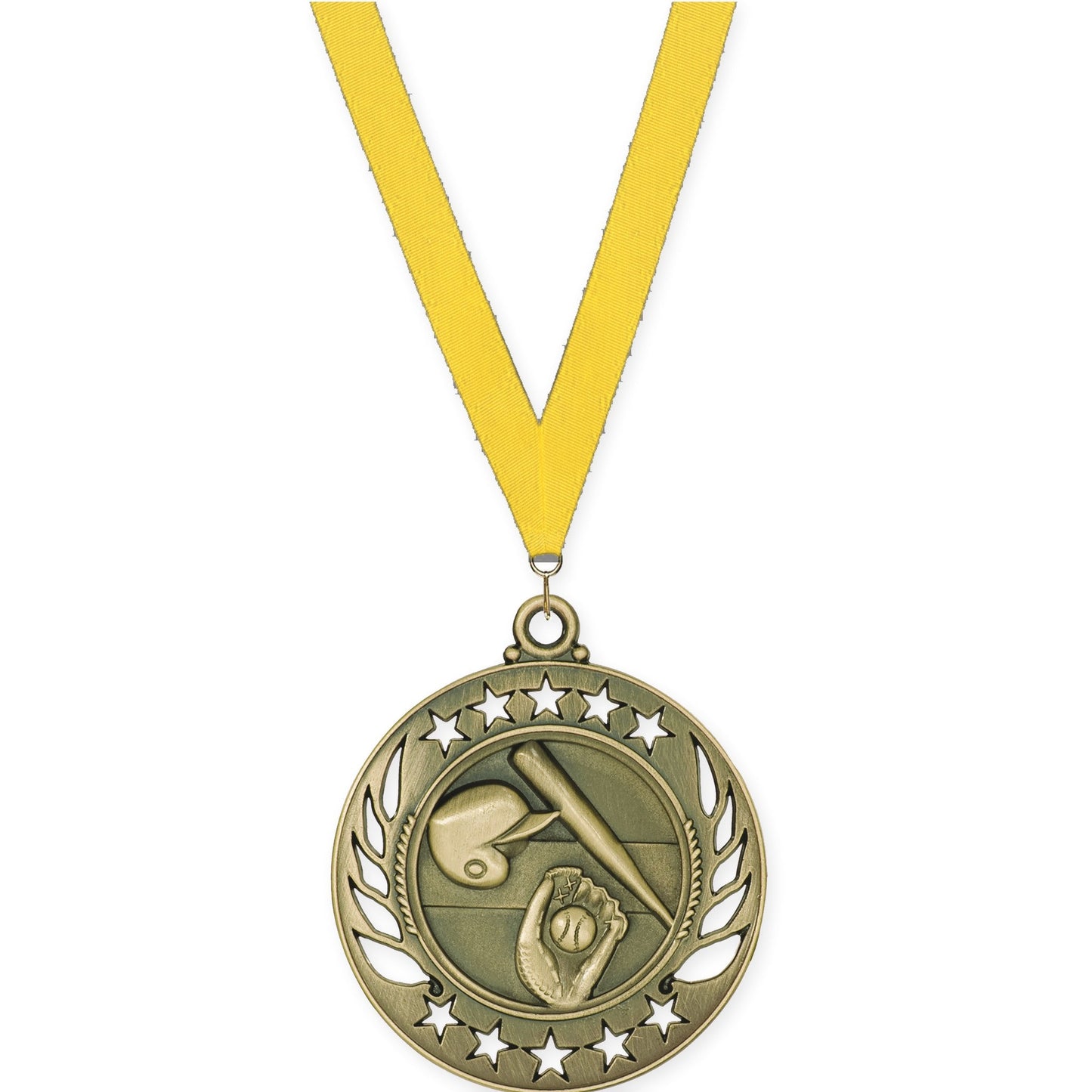 2 1/4 inch baseball and softball Galaxy medal in antique gold with Yellow neck ribbon