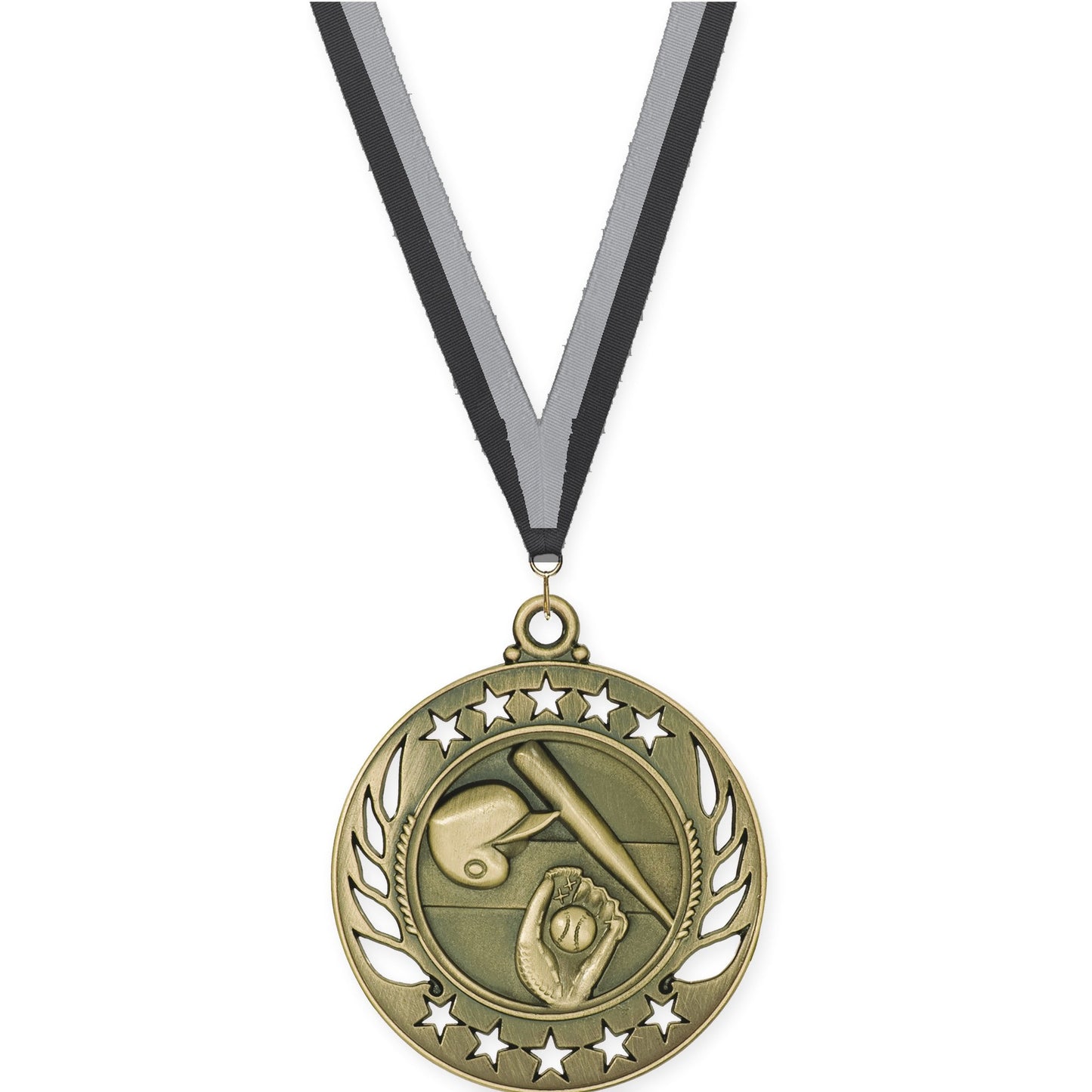 2 1/4 inch baseball and softball Galaxy medal in antique gold with Black Gray neck ribbon