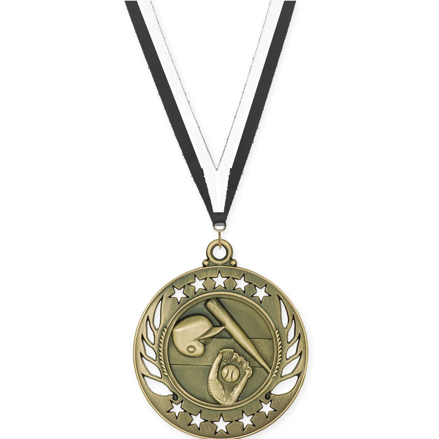 2 1/4 inch baseball and softball Galaxy medal in antique gold with Black White neck ribbon