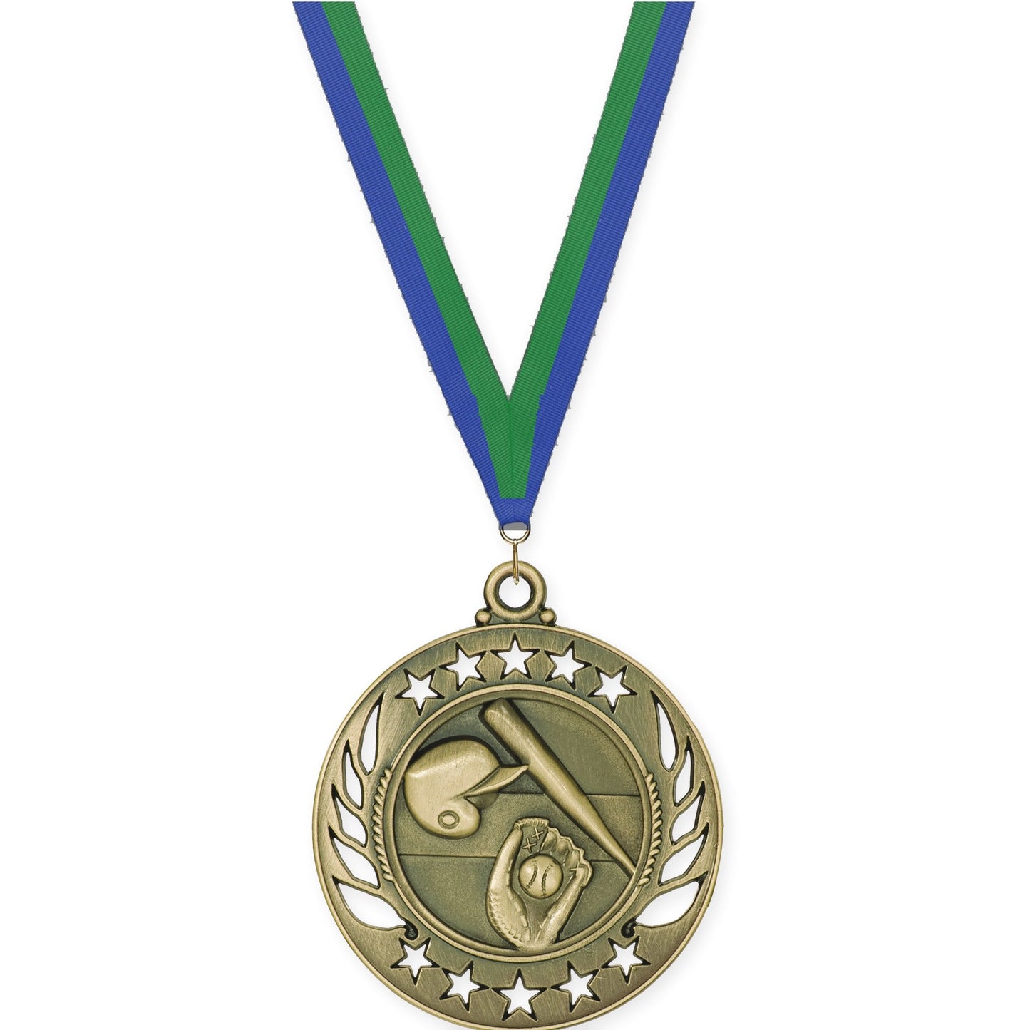 2 1/4 inch baseball and softball Galaxy medal in antique gold with Blue Green neck ribbon