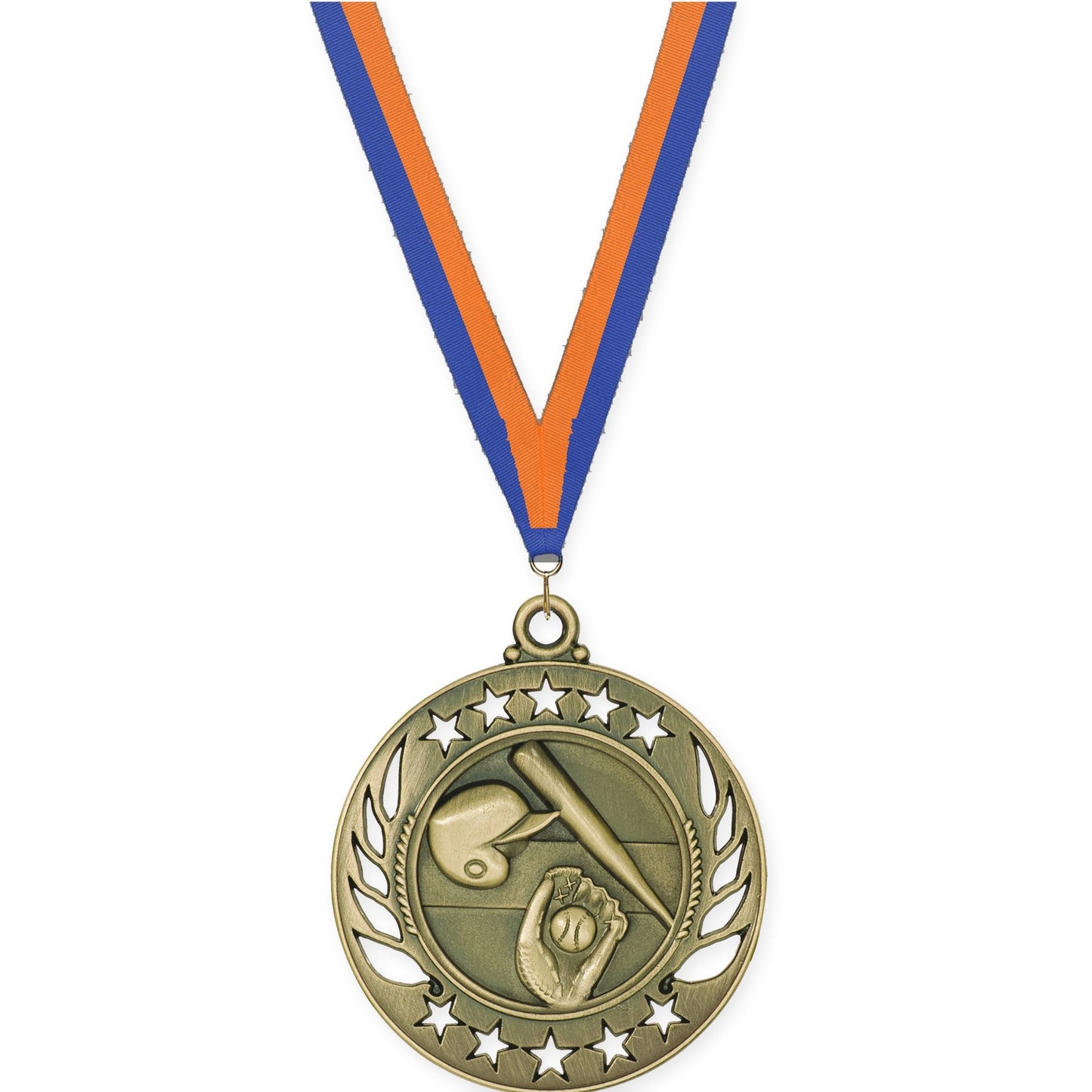 2 1/4 inch baseball and softball Galaxy medal in antique gold with Blue Orange neck ribbon