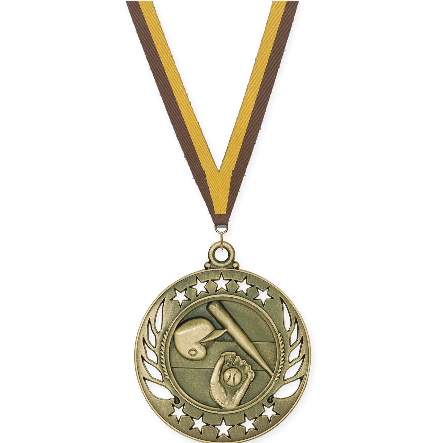 2 1/4 inch baseball and softball Galaxy medal in antique gold with Brown Gold neck ribbon