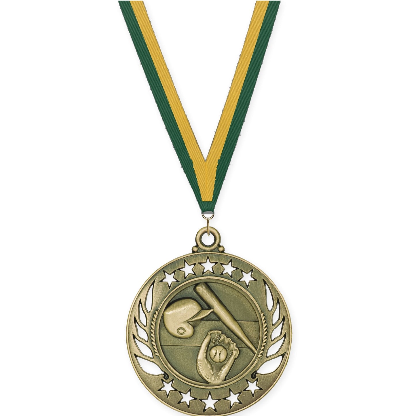 2 1/4 inch baseball and softball Galaxy medal in antique gold with Hunter Green Gold neck ribbon
