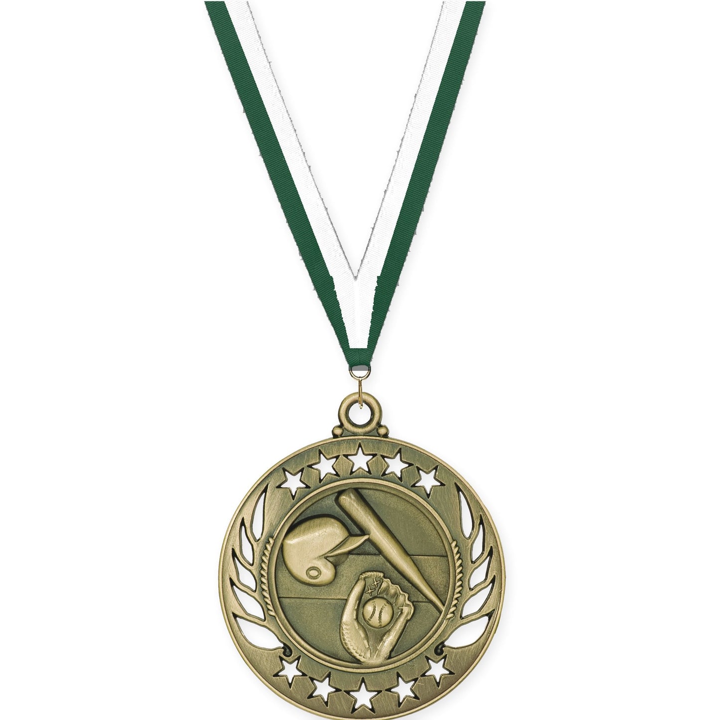 2 1/4 inch baseball and softball Galaxy medal in antique gold with Hunter Green White neck ribbon