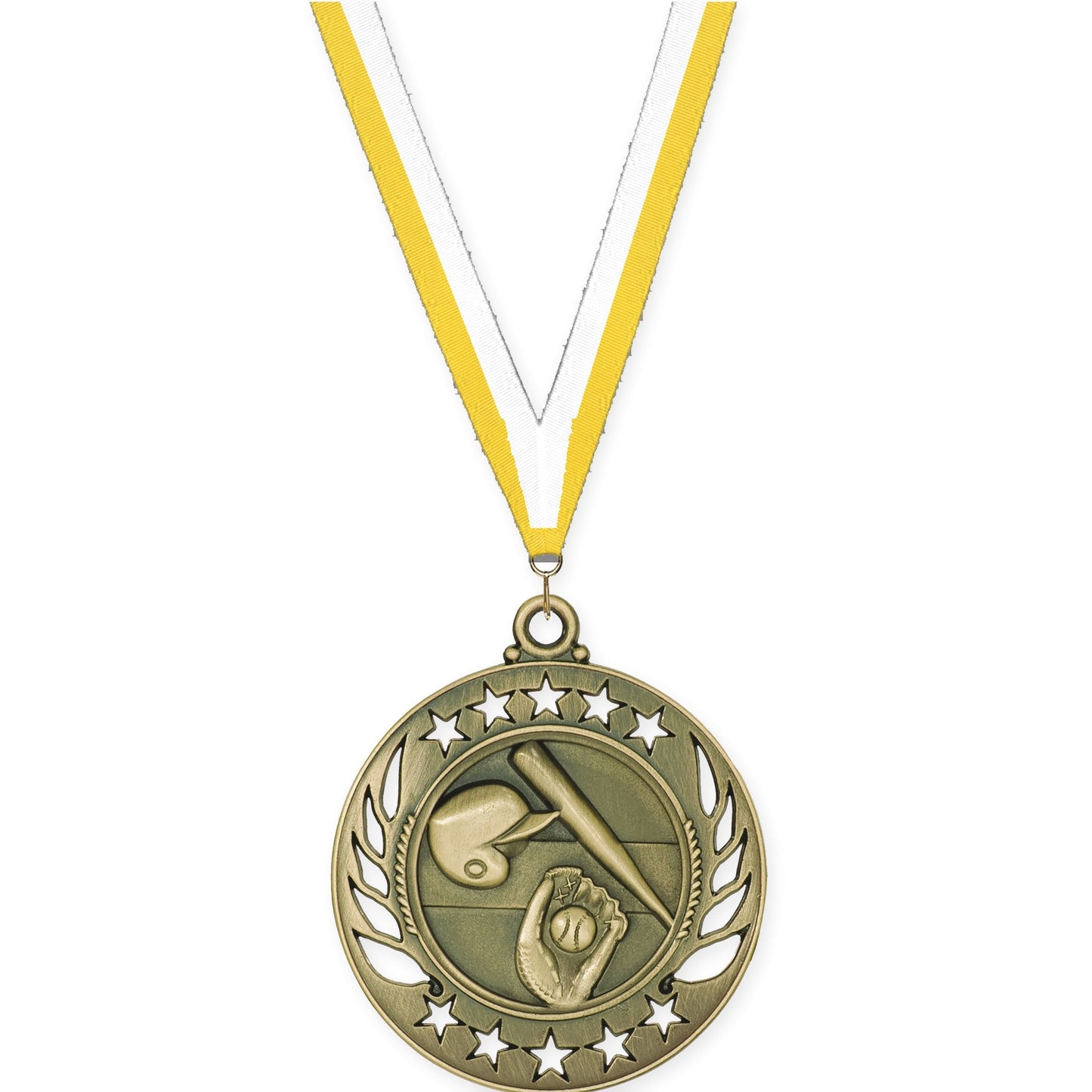 2 1/4 inch baseball and softball Galaxy medal in antique gold with Yellow White neck ribbon