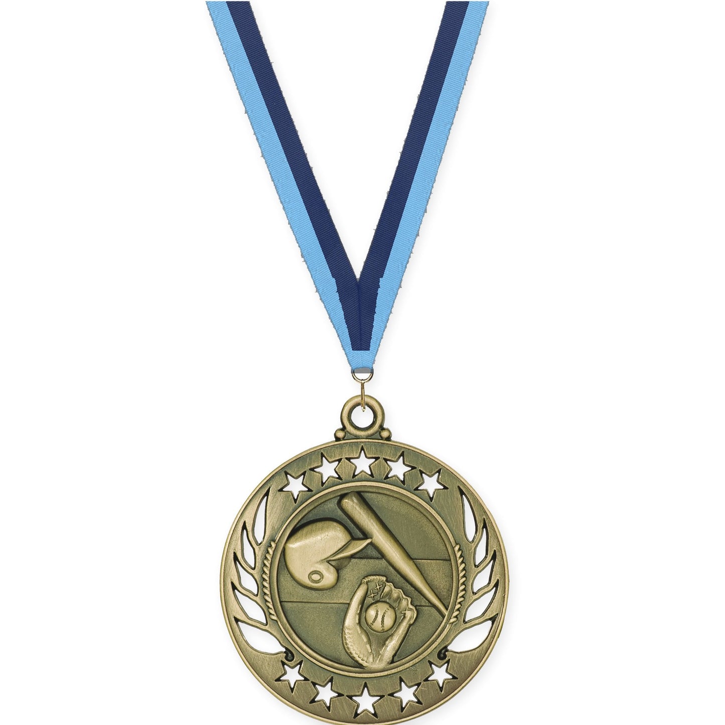 2 1/4 inch baseball and softball Galaxy medal in antique gold with Light Blue Navy neck ribbon