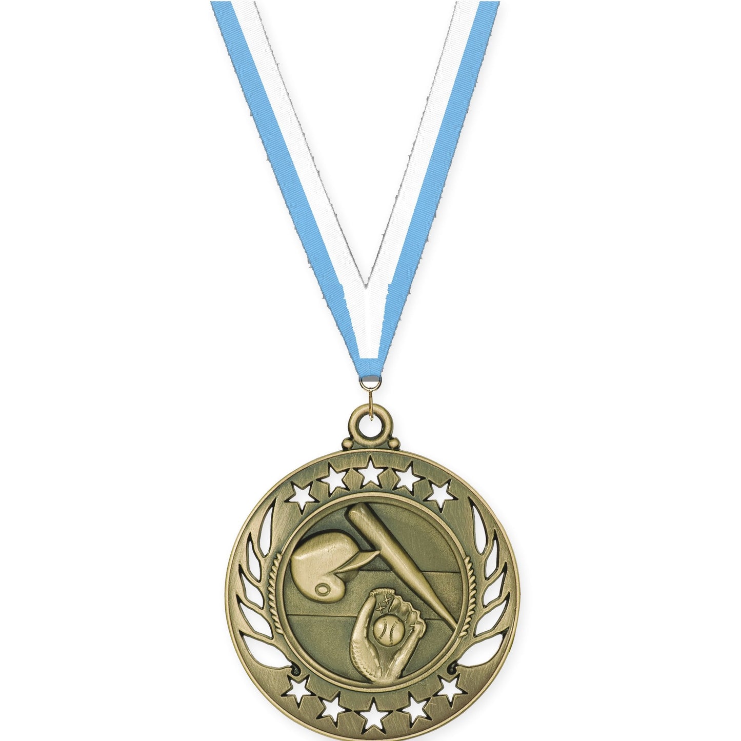 2 1/4 inch baseball and softball Galaxy medal in antique gold with Light Blue White neck ribbon