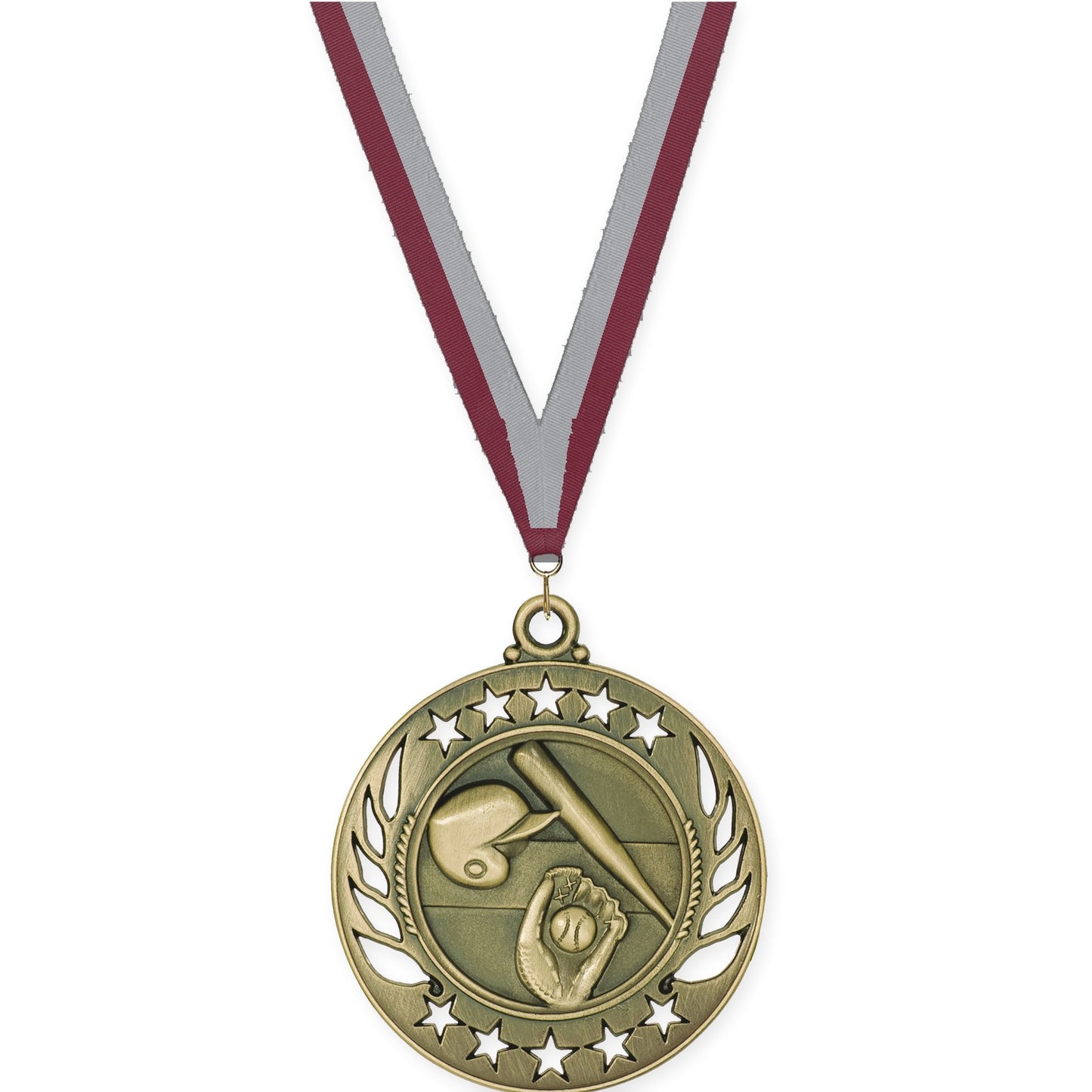 2 1/4 inch baseball and softball Galaxy medal in antique gold with Maroon Gray neck ribbon