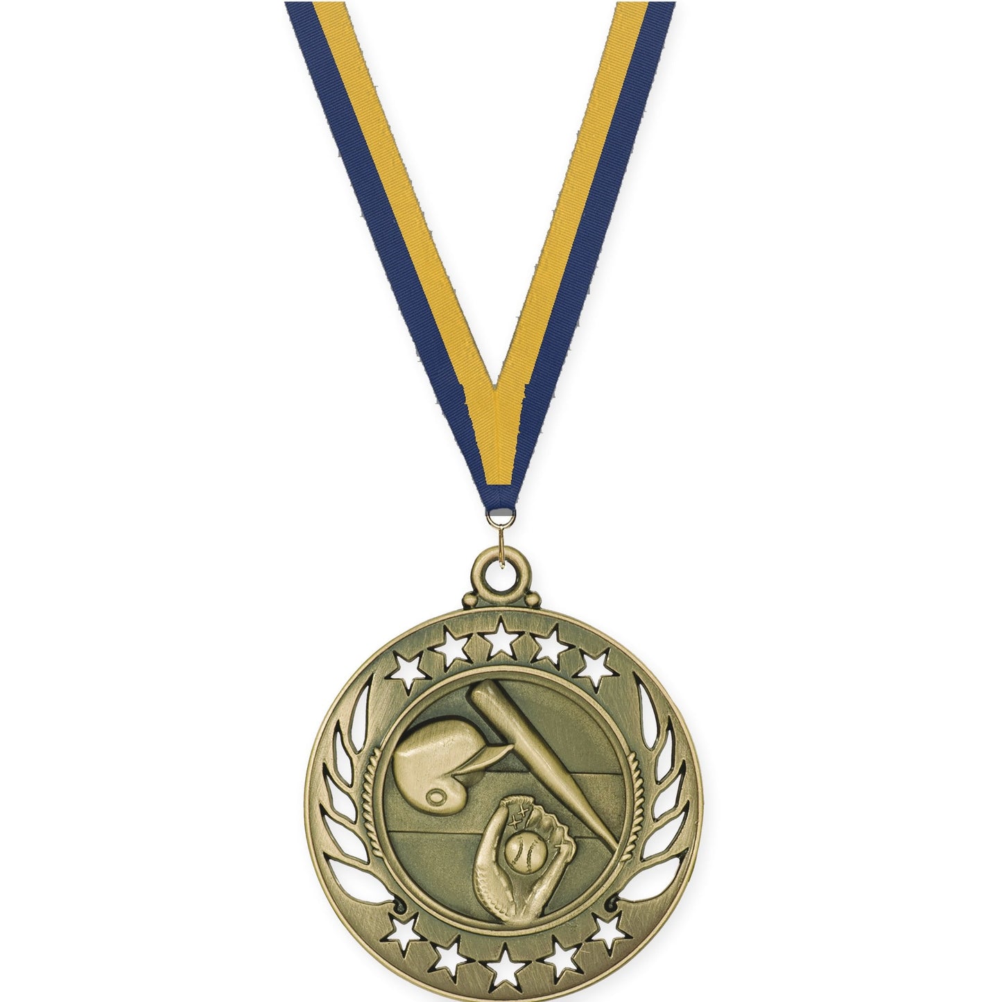 2 1/4 inch baseball and softball Galaxy medal in antique gold with Navy Gold neck ribbon