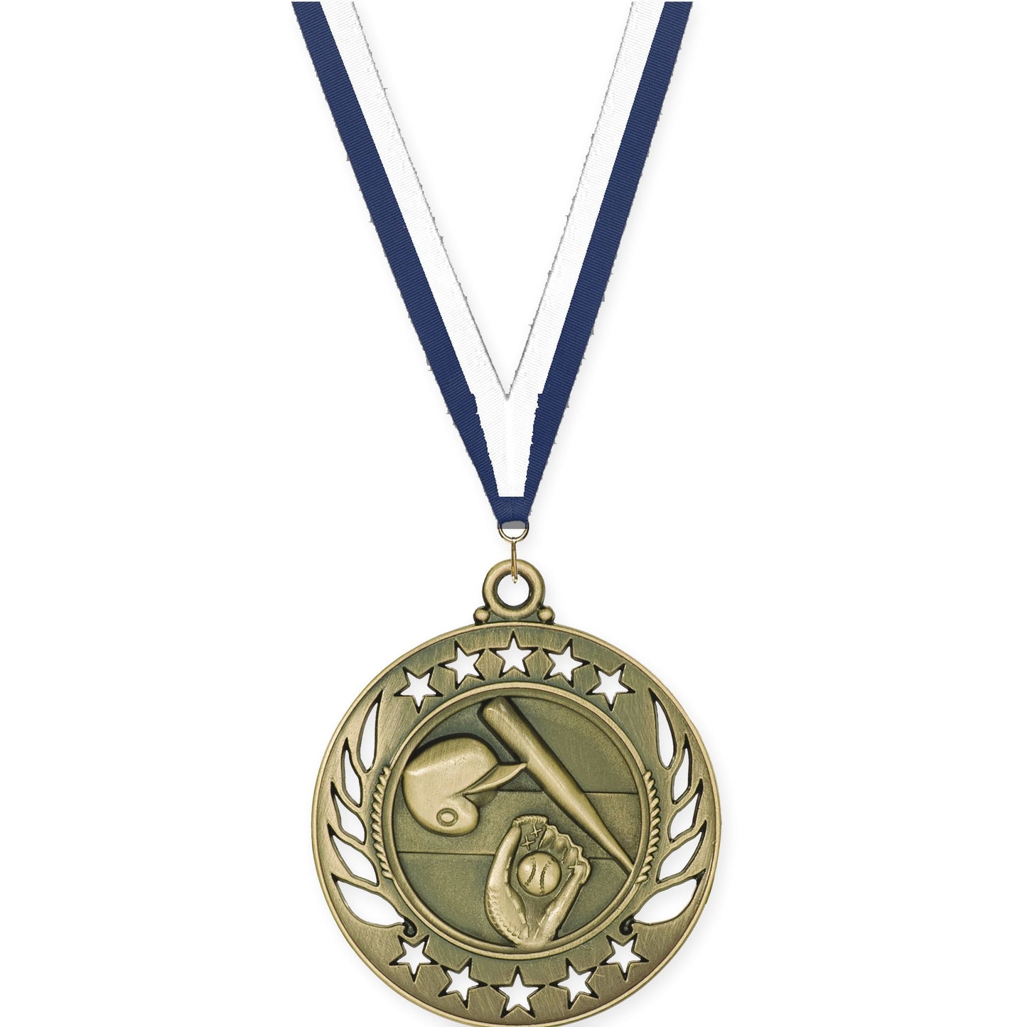 2 1/4 inch baseball and softball Galaxy medal in antique gold with Navy White neck ribbon