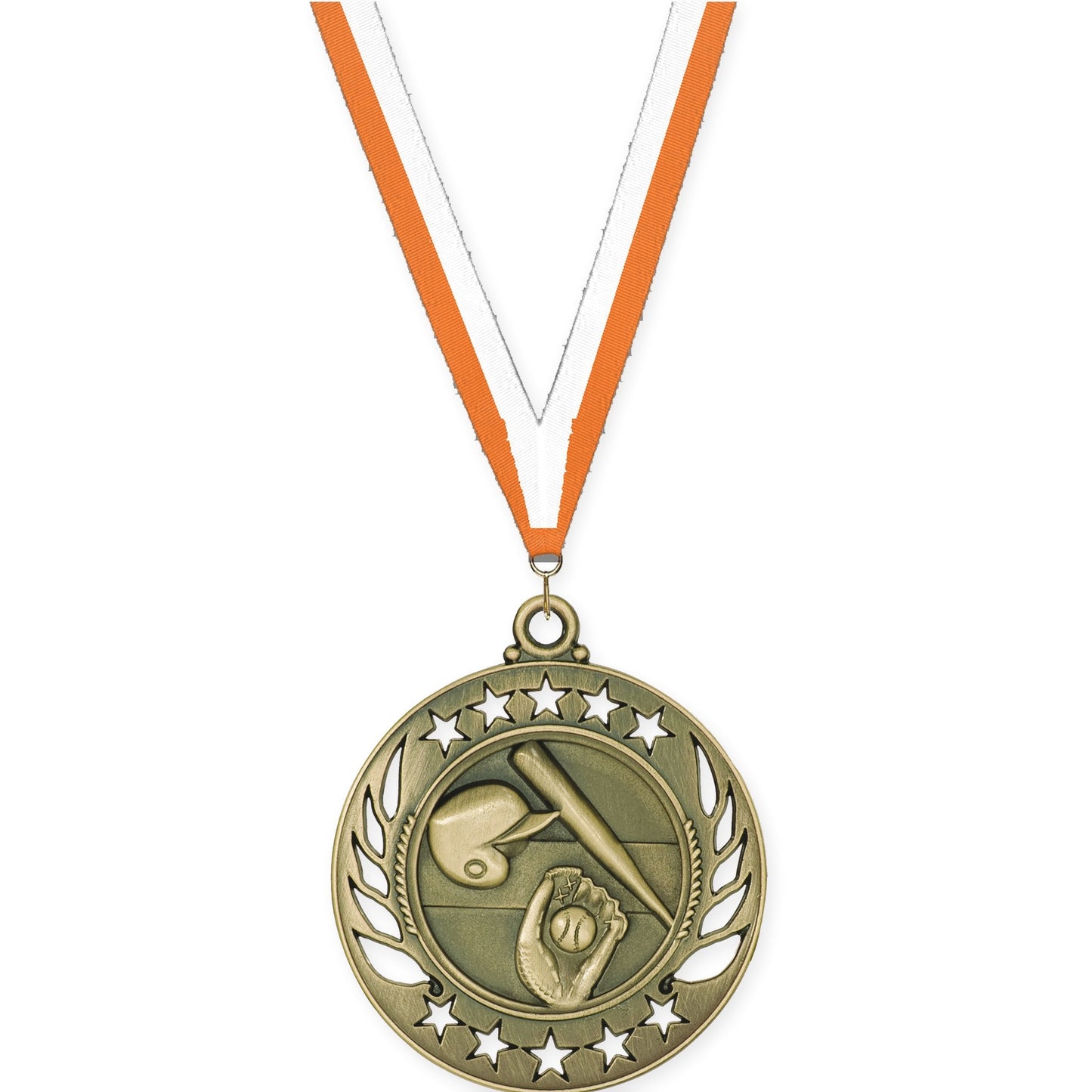 2 1/4 inch baseball and softball Galaxy medal in antique gold with Orange White neck ribbon