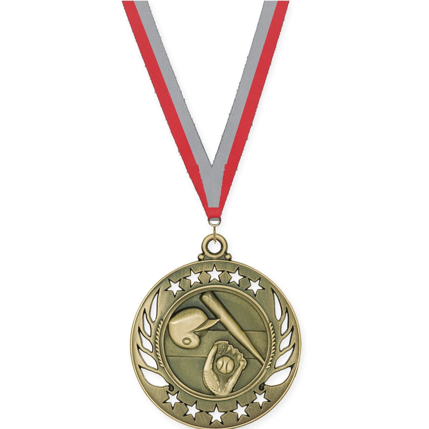 2 1/4 inch baseball and softball Galaxy medal in antique gold with Red Gray neck ribbon