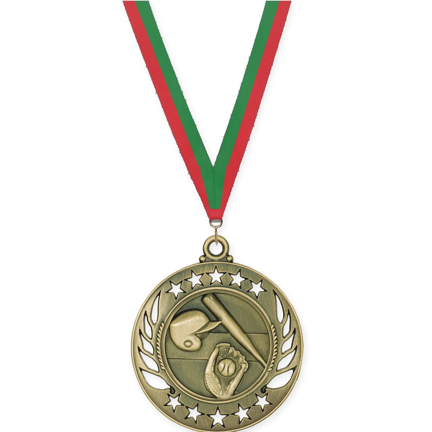 2 1/4 inch baseball and softball Galaxy medal in antique gold with Red Green neck ribbon