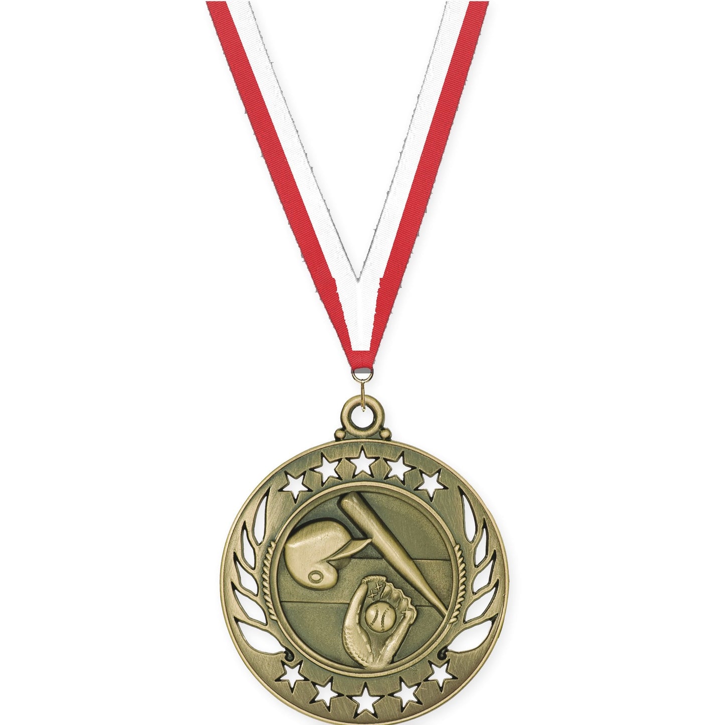 2 1/4 inch baseball and softball Galaxy medal in antique gold with Red White neck ribbon