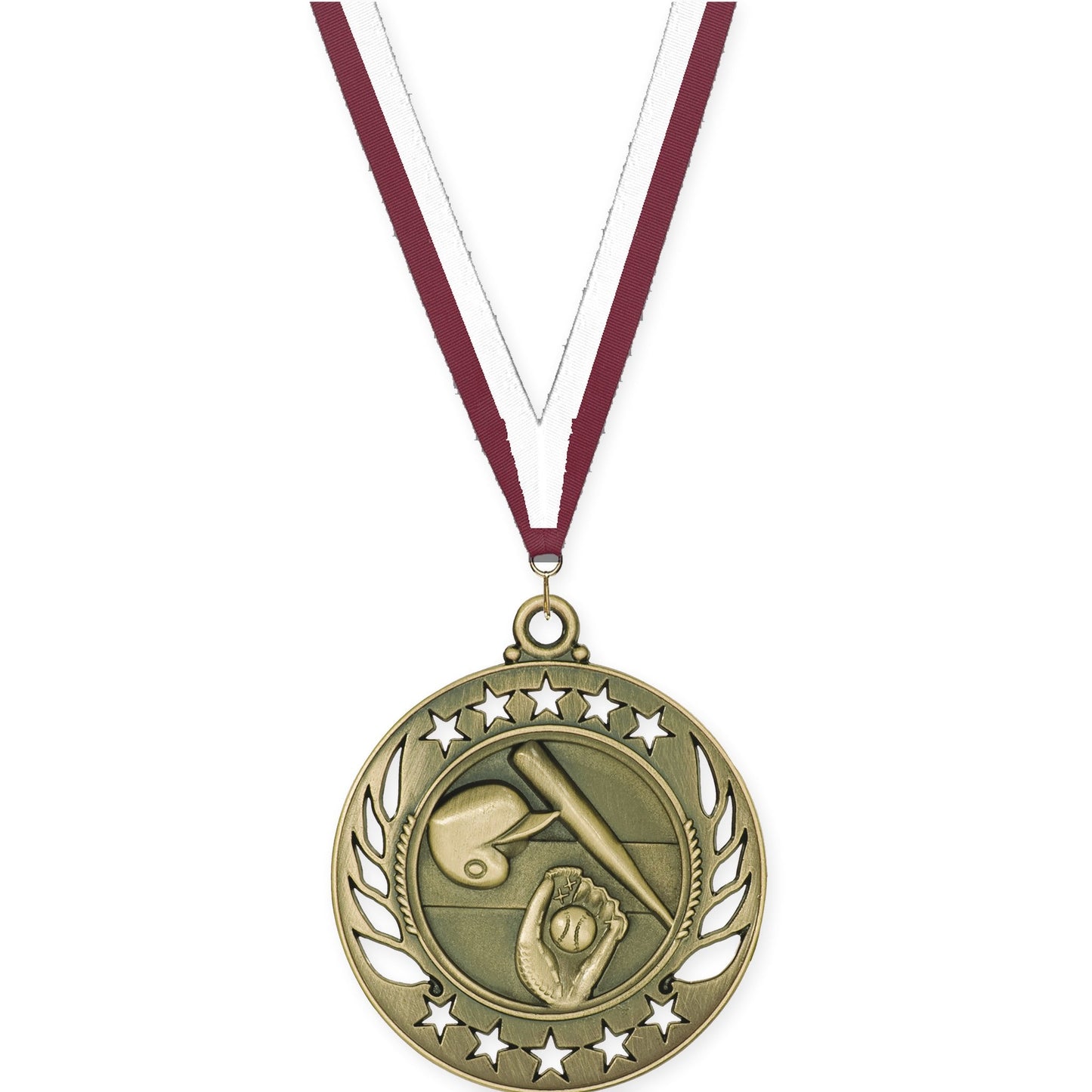 2 1/4 inch baseball and softball Galaxy medal in antique gold with Maroon White neck ribbon