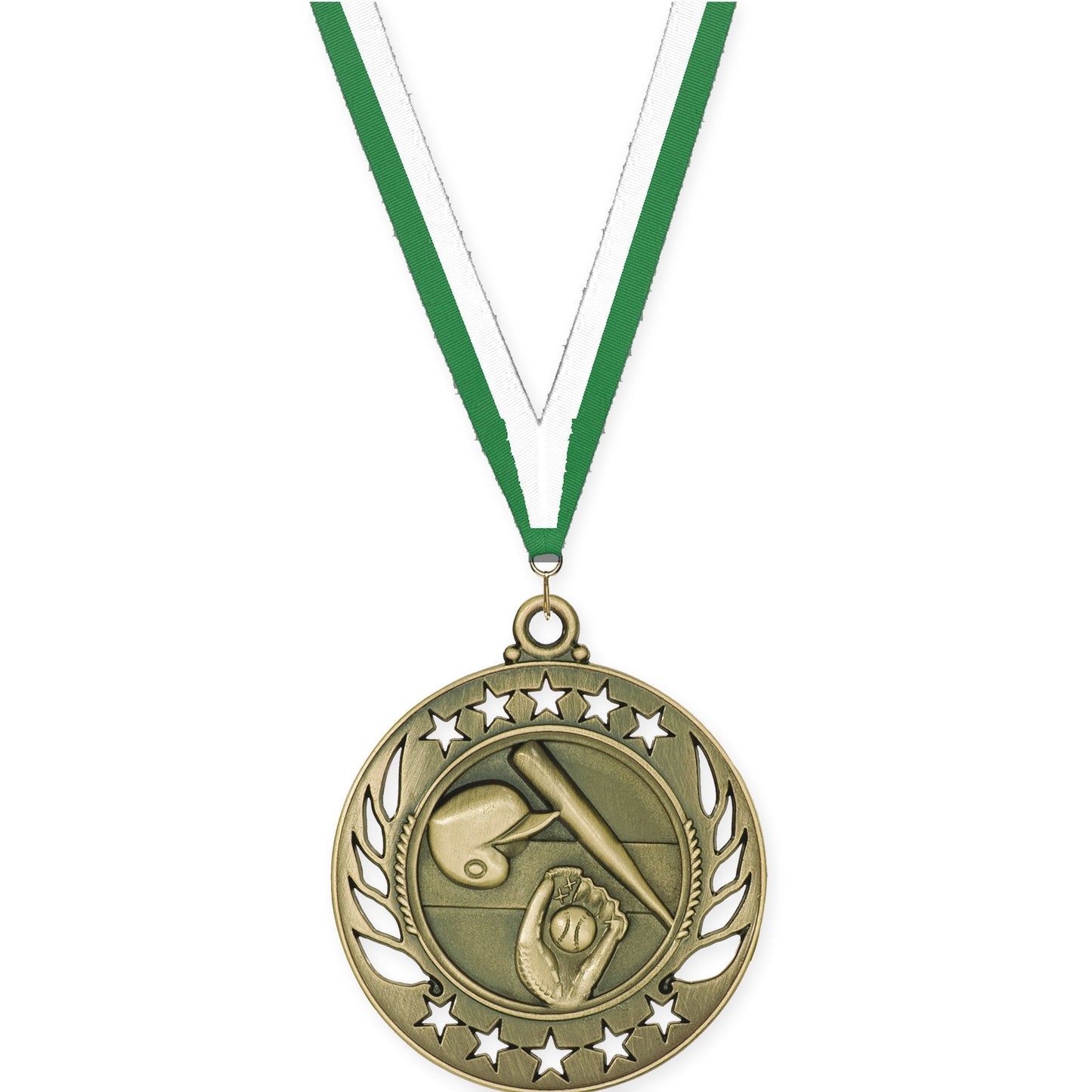 2 1/4 inch baseball and softball Galaxy medal in antique gold with Green White neck ribbon