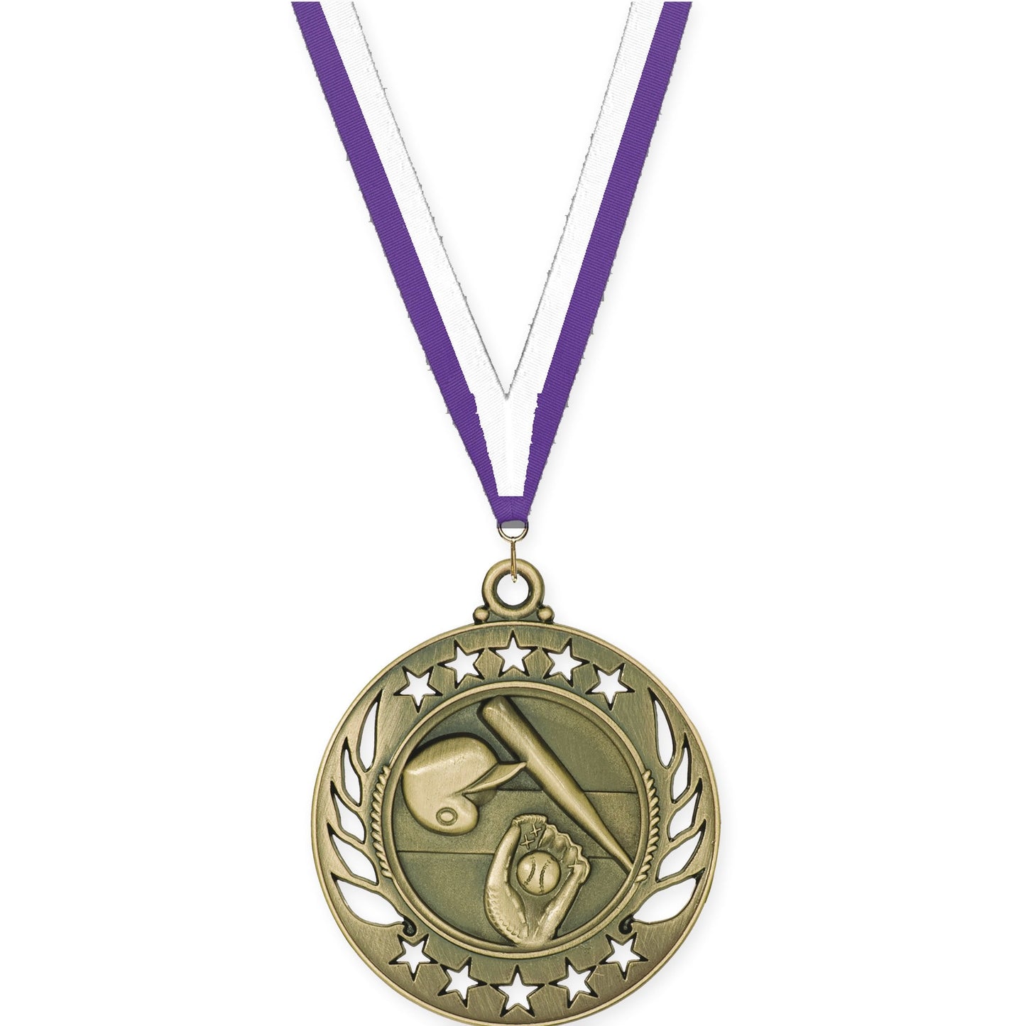 2 1/4 inch baseball and softball Galaxy medal in antique gold with Purple White neck ribbon