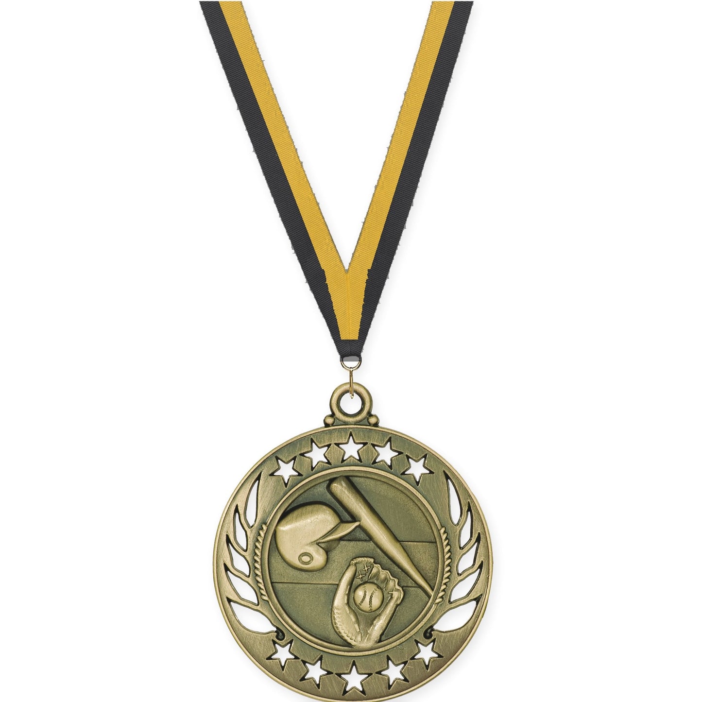 2 1/4 inch baseball and softball Galaxy medal in antique gold with Black Gold neck ribbon