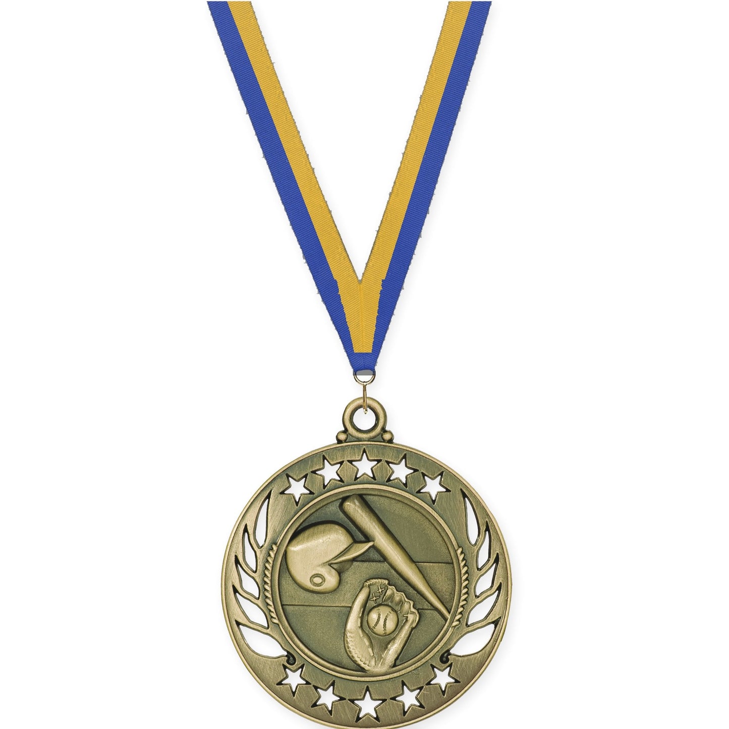 2 1/4 inch baseball and softball Galaxy medal in antique gold with Blue Gold neck ribbon