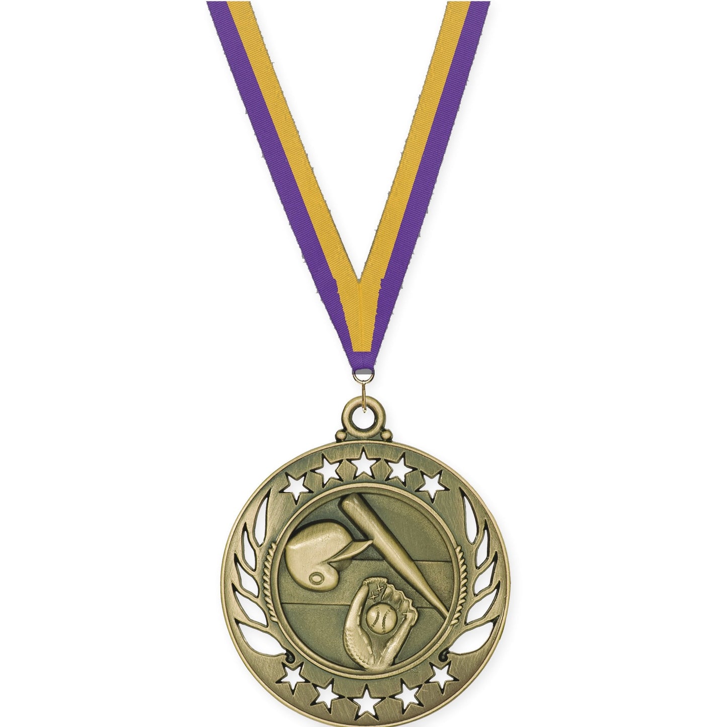 2 1/4 inch baseball and softball Galaxy medal in antique gold with Purple Gold neck ribbon