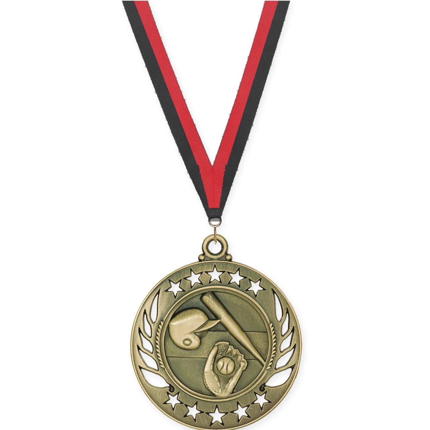 2 1/4 inch baseball and softball Galaxy medal in antique gold with Black Red neck ribbon