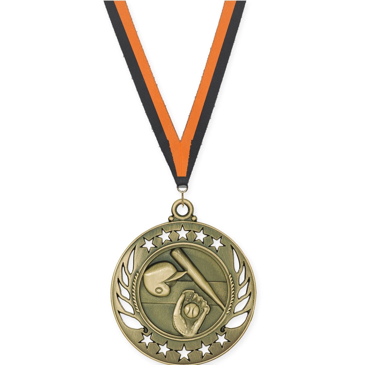 2 1/4 inch baseball and softball Galaxy medal in antique gold with Black Orange neck ribbon