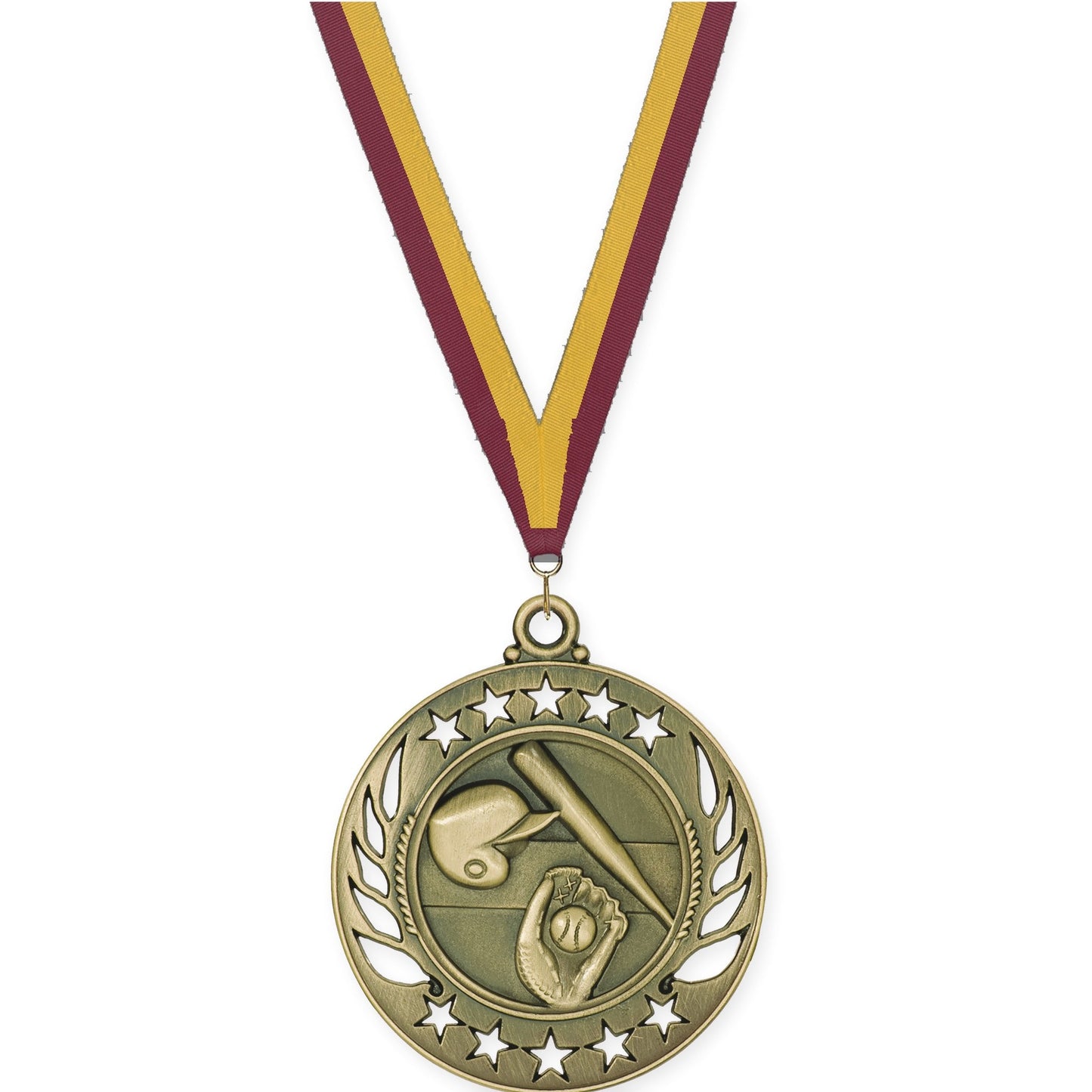 2 1/4 inch baseball and softball Galaxy medal in antique gold with Maroon Gold neck ribbon