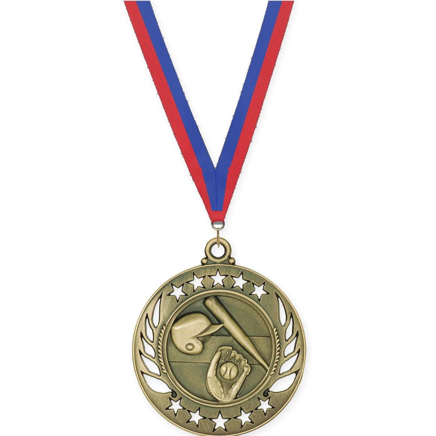 2 1/4 inch baseball and softball Galaxy medal in antique gold with Blue Red neck ribbon