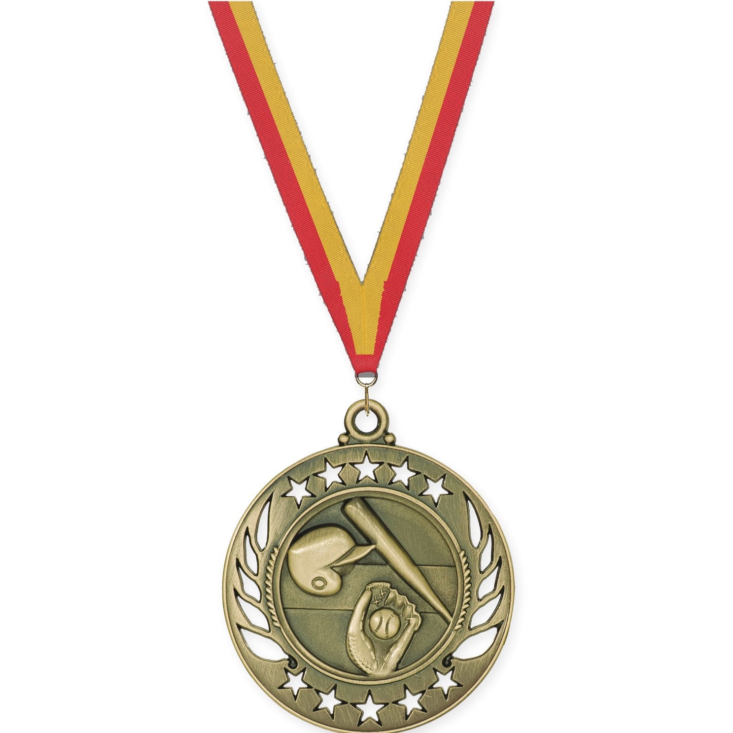 2 1/4 inch baseball and softball Galaxy medal in antique gold with Red Gold neck ribbon