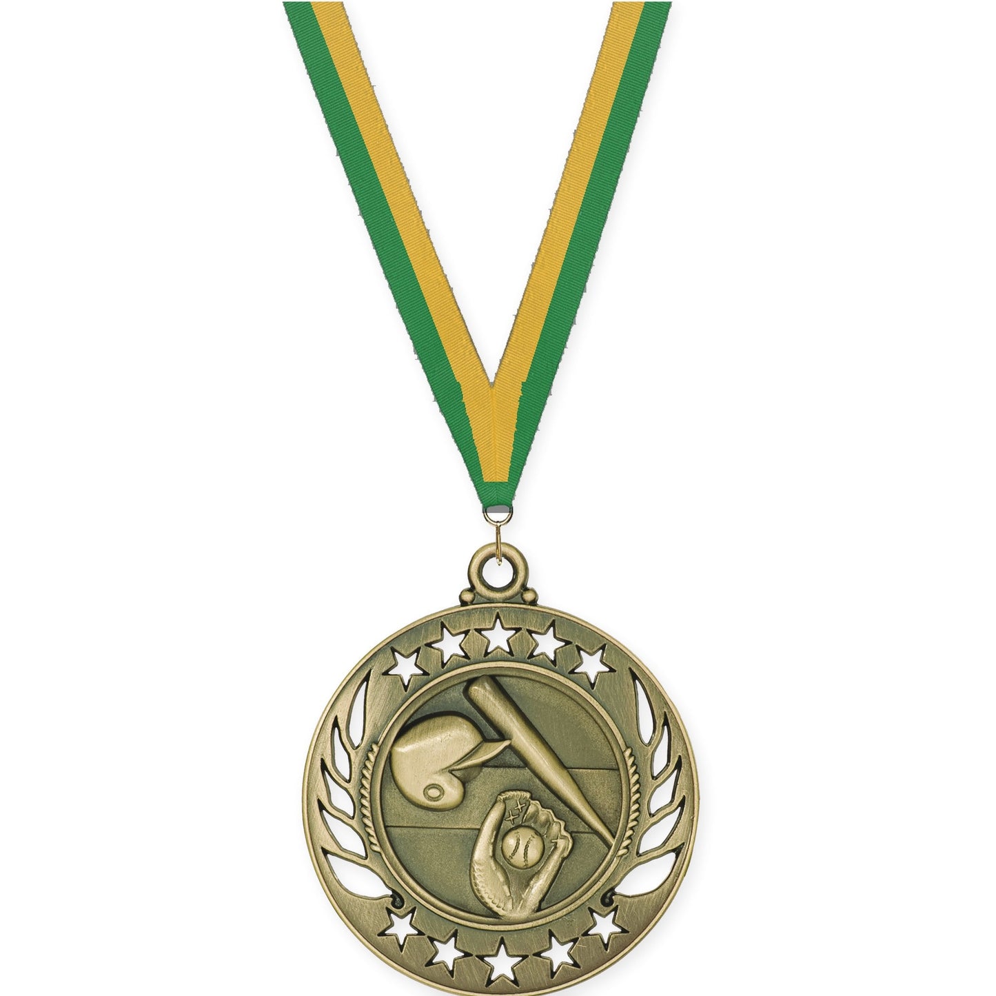 2 1/4 inch baseball and softball Galaxy medal in antique gold with Green Gold neck ribbon