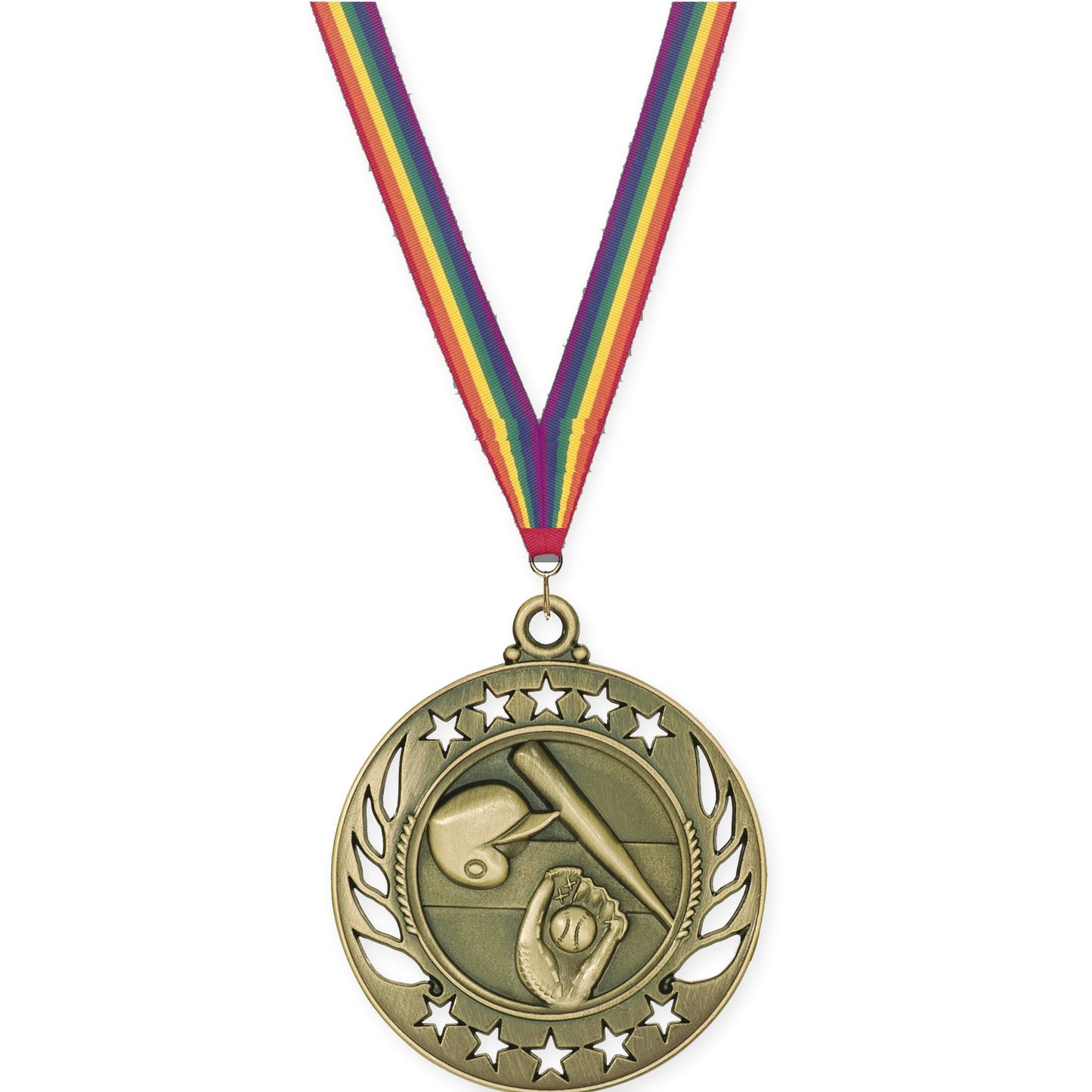 2 1/4 inch baseball and softball Galaxy medal in antique gold with Rainbow neck ribbon