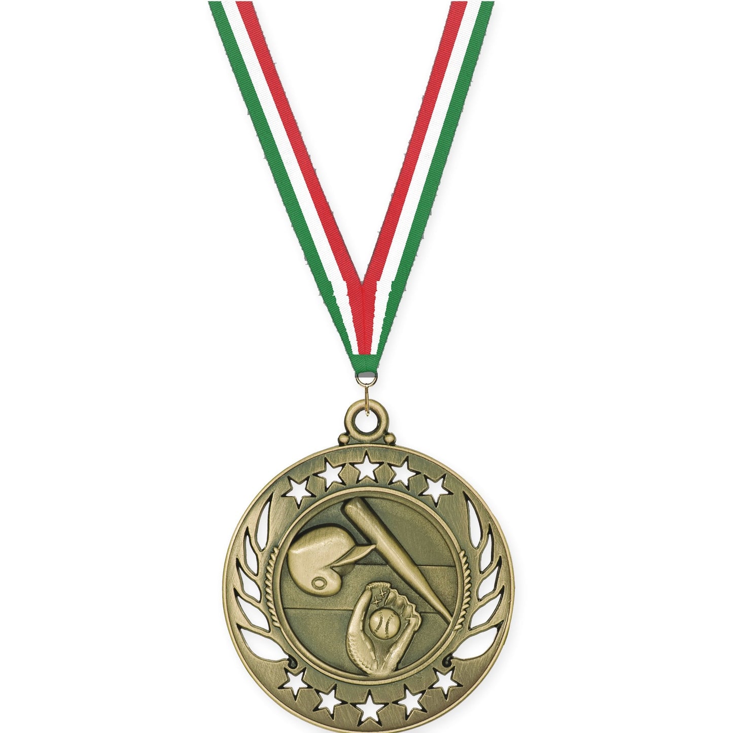 2 1/4 inch baseball and softball Galaxy medal in antique gold with Green White Red neck ribbon
