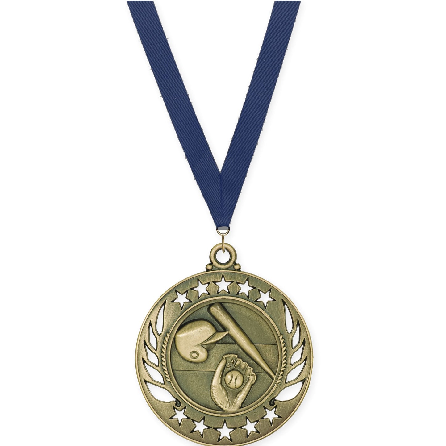 2 1/4 inch baseball and softball Galaxy medal in antique gold with Navy neck ribbon