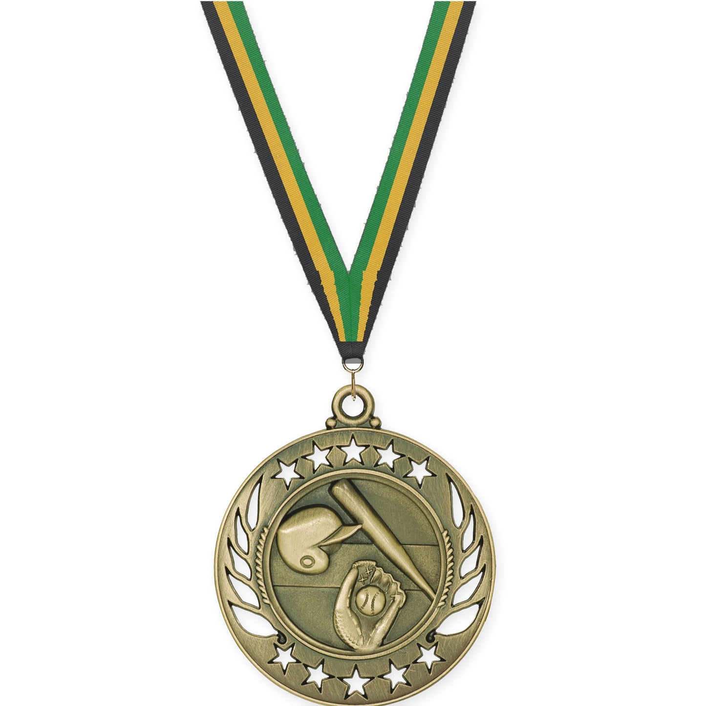 2 1/4 inch baseball and softball Galaxy medal in antique gold with Black Gold Green neck ribbon
