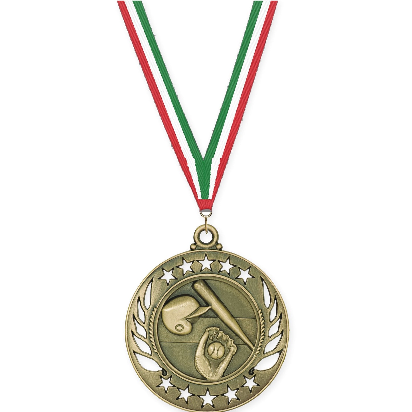 2 1/4 inch baseball and softball Galaxy medal in antique gold with Red White Green neck ribbon