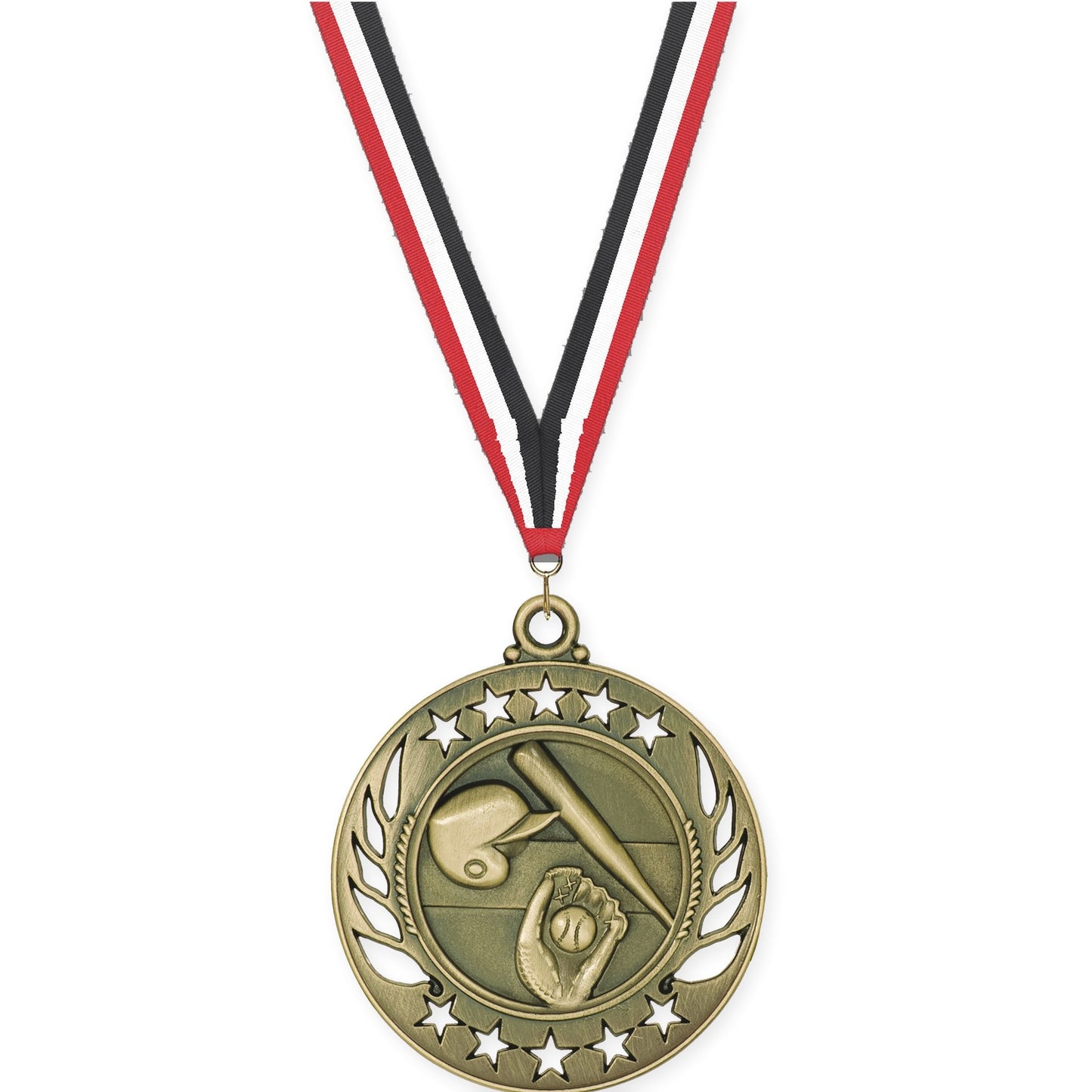 2 1/4 inch baseball and softball Galaxy medal in antique gold with Red White Black neck ribbon