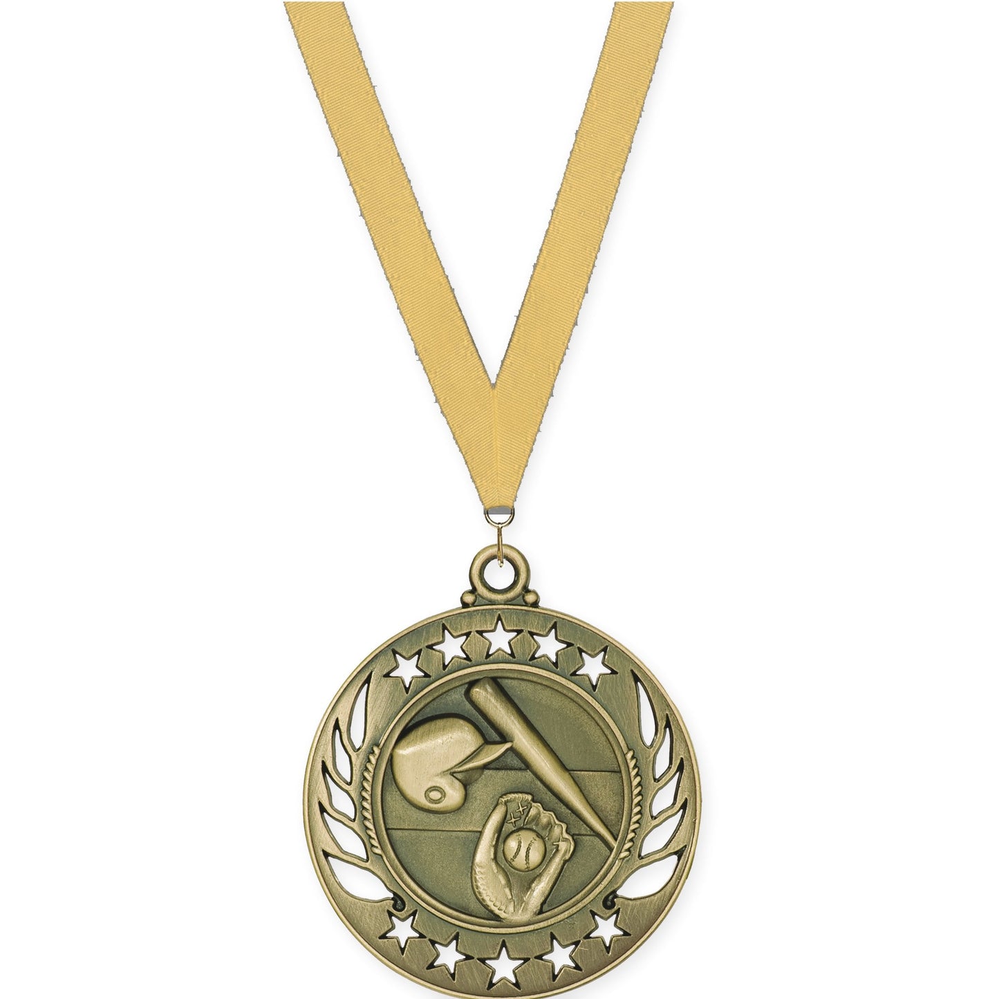 2 1/4 inch baseball and softball Galaxy medal in antique gold with Gold Metallic neck ribbon