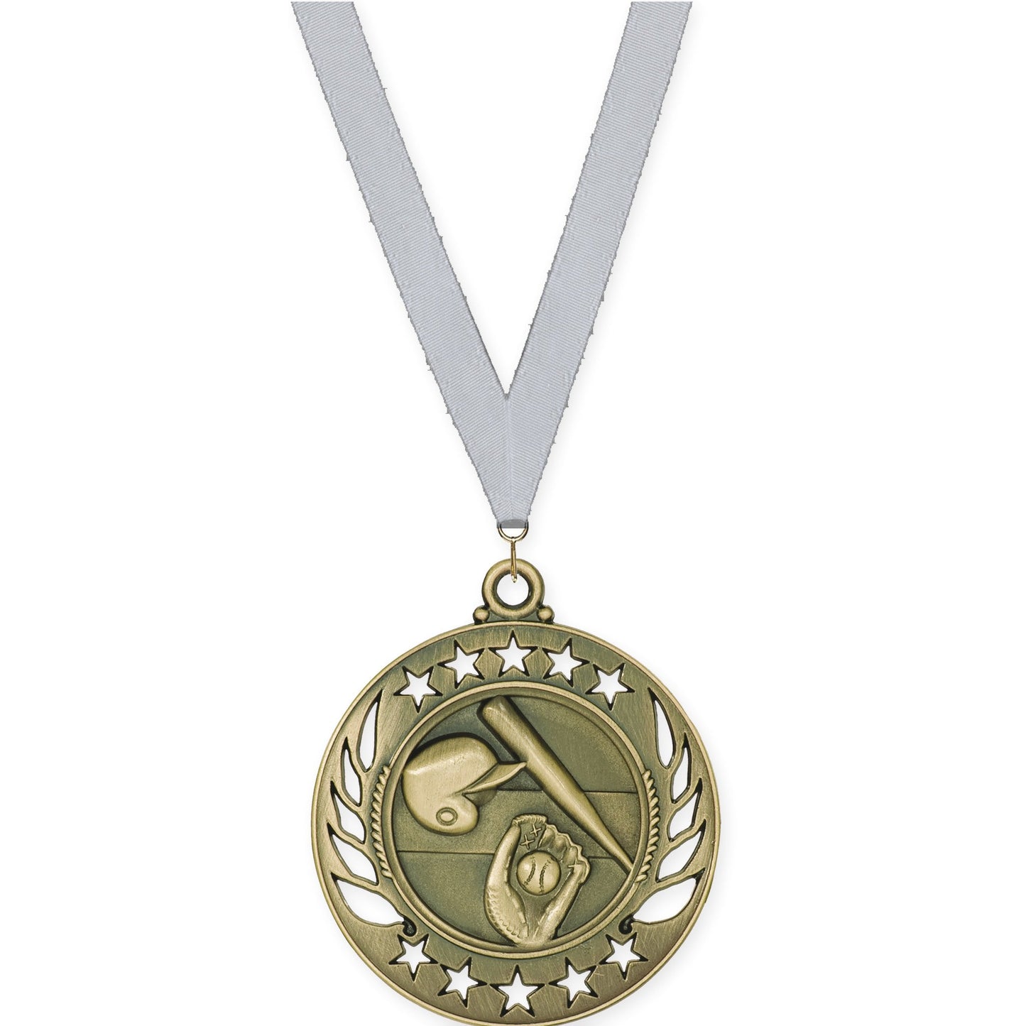 2 1/4 inch baseball and softball Galaxy medal in antique gold with Silver Metallic neck ribbon