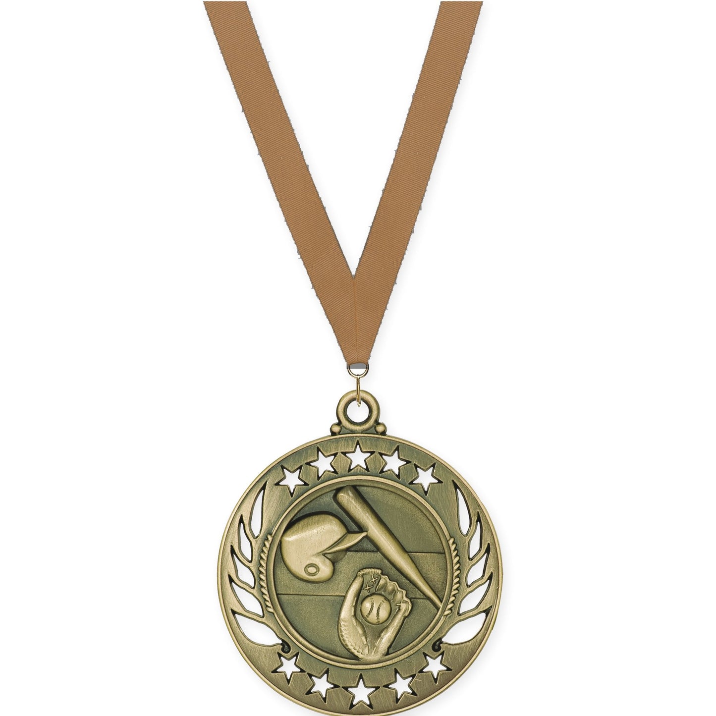 2 1/4 inch baseball and softball Galaxy medal in antique gold with Bronze Metallic neck ribbon
