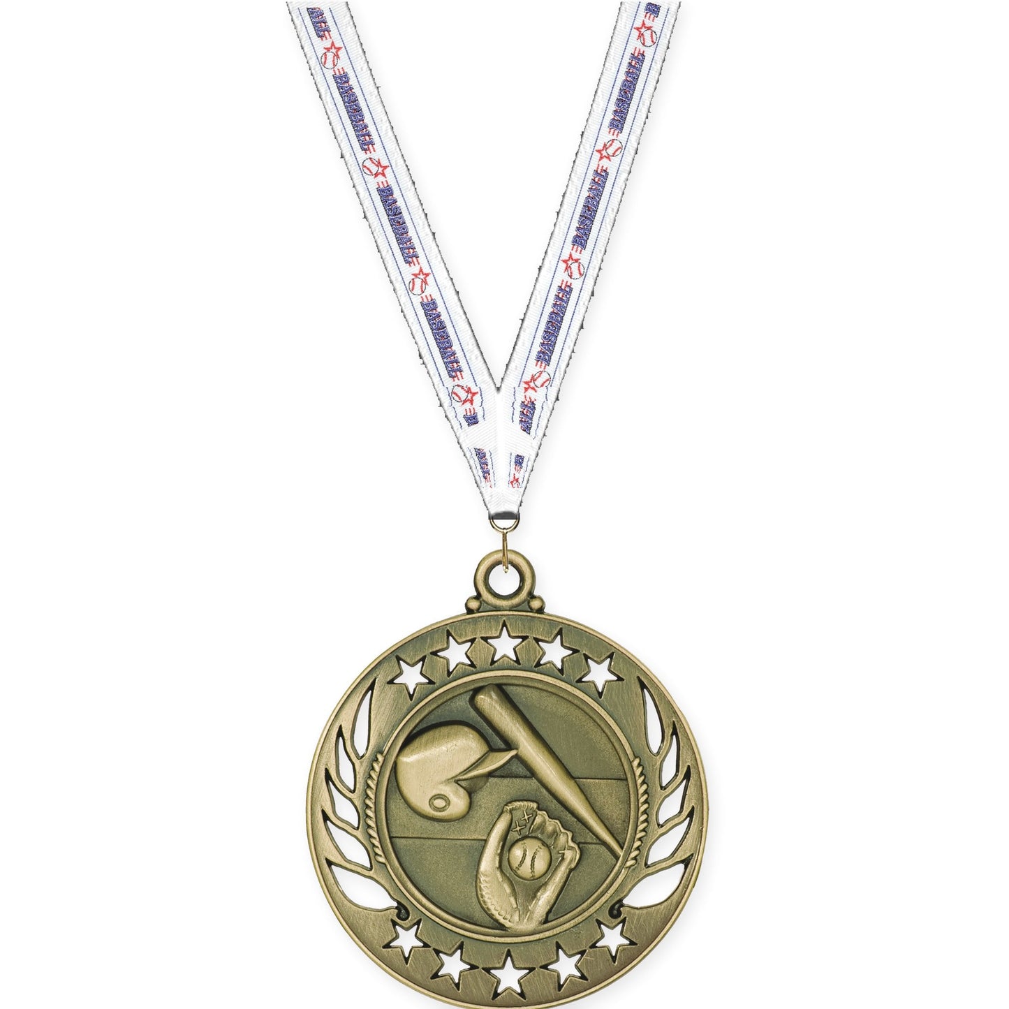 2 1/4 inch baseball and softball Galaxy medal in antique gold with Baseball neck ribbon