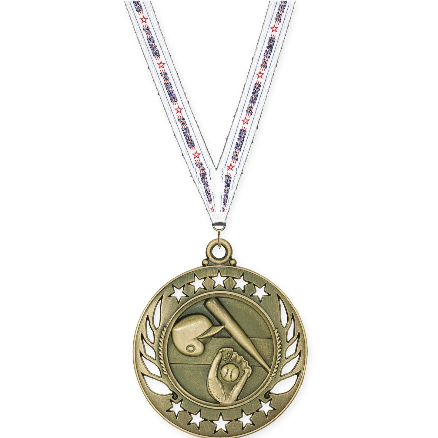 2 1/4 inch baseball and softball Galaxy medal in antique gold with 1st Place neck ribbon