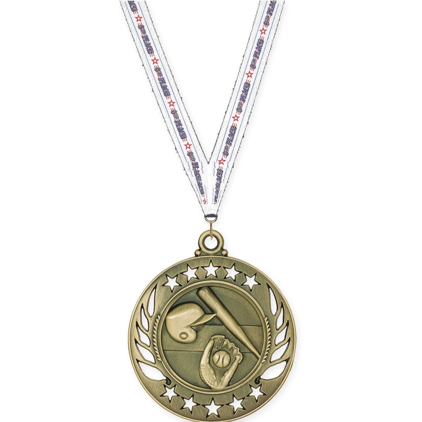 2 1/4 inch baseball and softball Galaxy medal in antique gold with 3rd Place neck ribbon