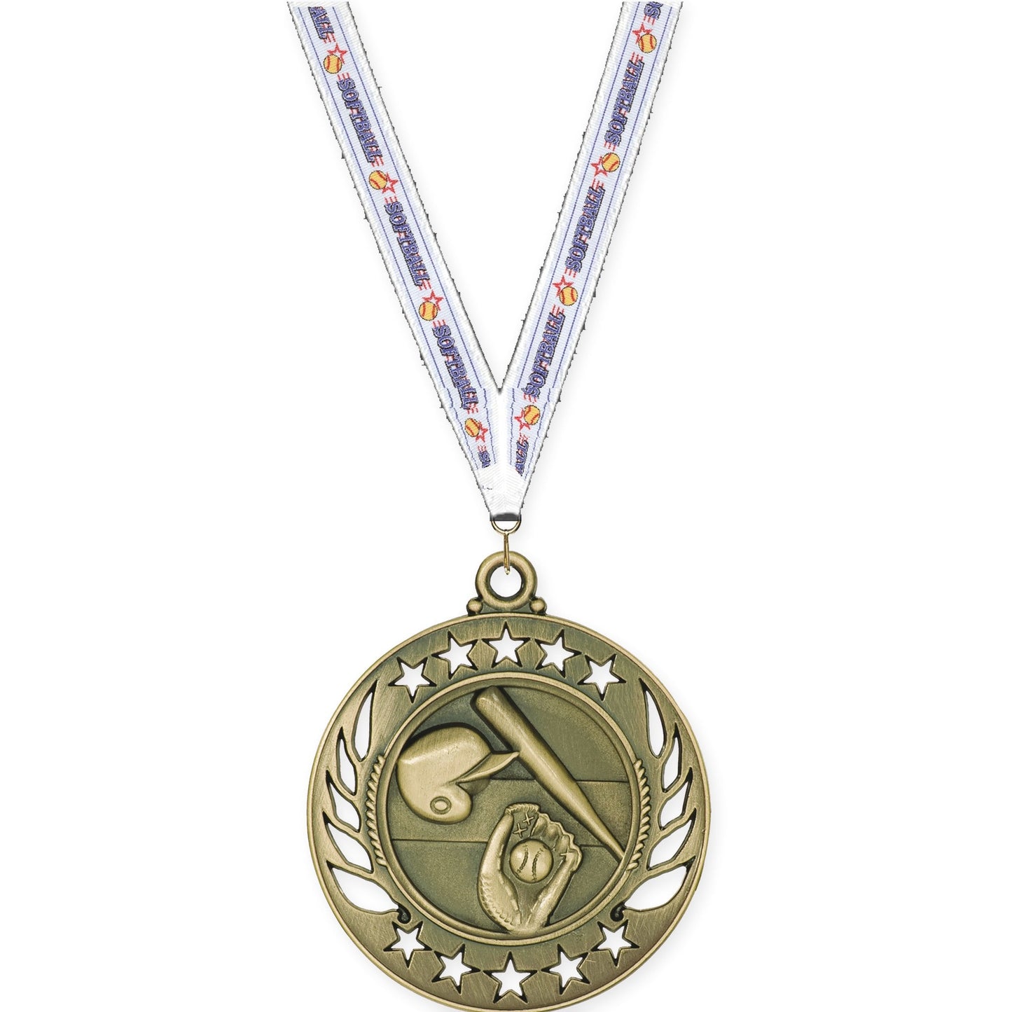 2 1/4 inch baseball and softball Galaxy medal in antique gold with Softball neck ribbon