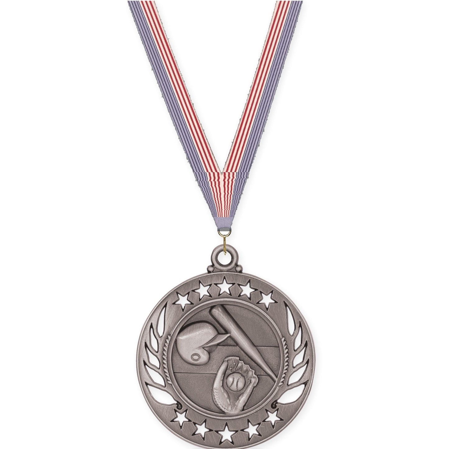 2 1/4 inch baseball and softball Galaxy medal in antique silver with USA Flag neck ribbon