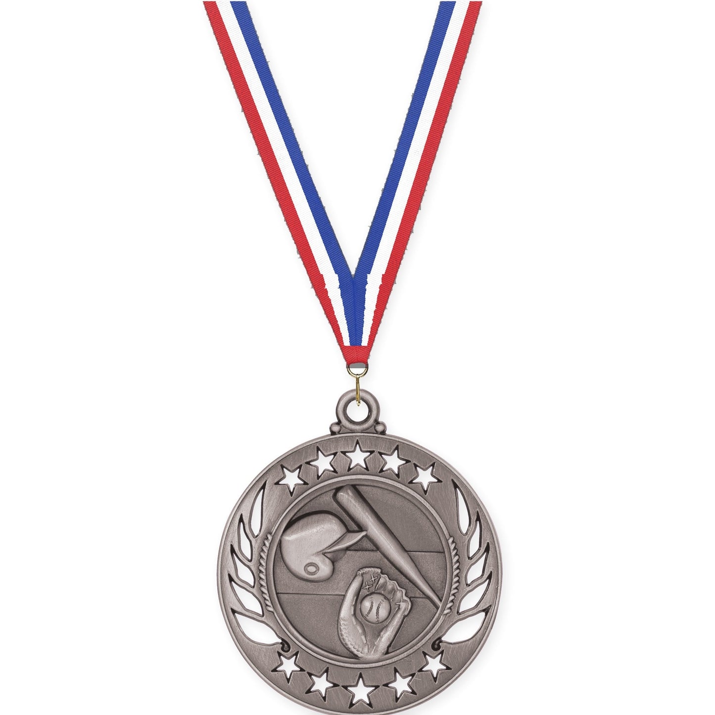 2 1/4 inch baseball and softball Galaxy medal in antique silver with Red White Blue neck ribbon