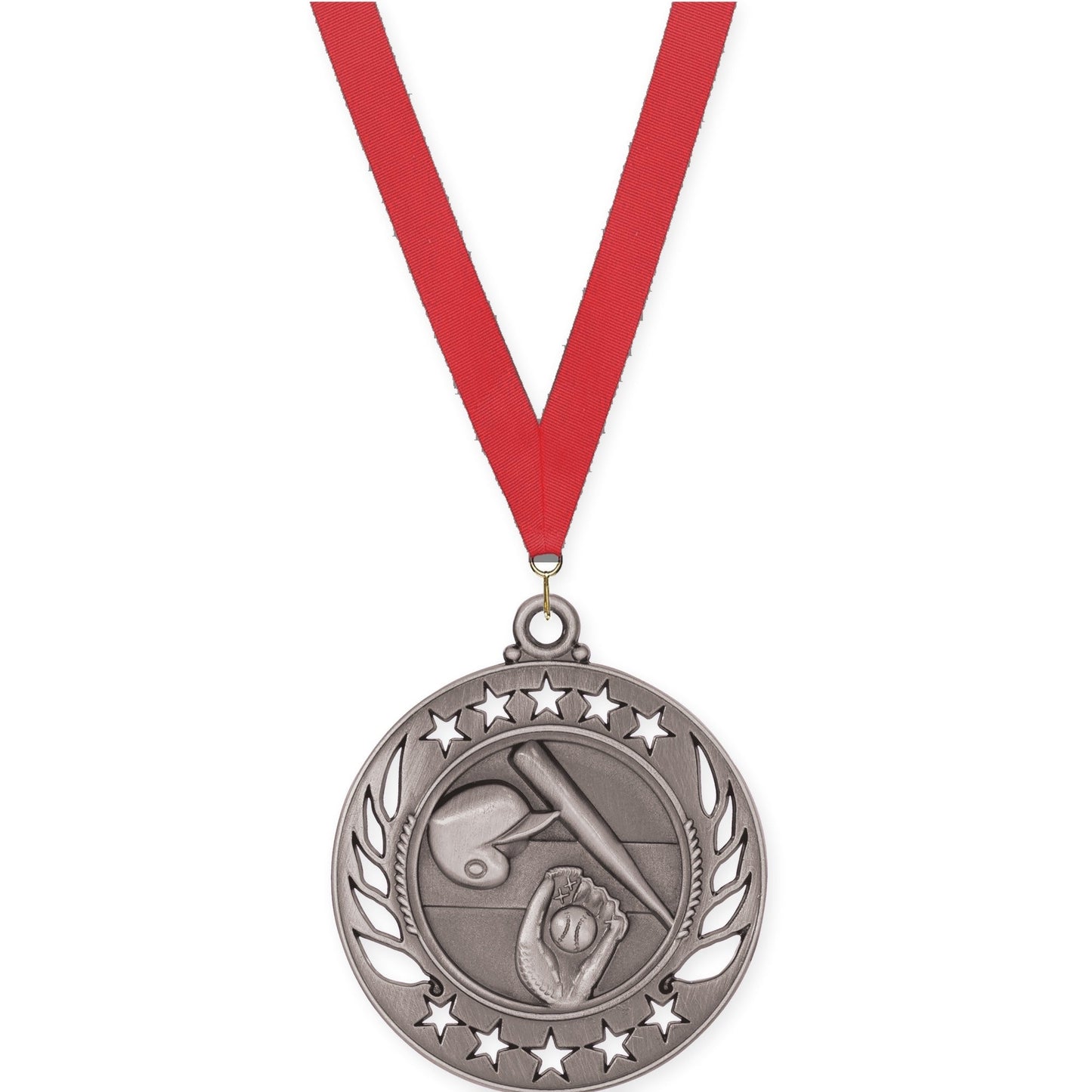 2 1/4 inch baseball and softball Galaxy medal in antique silver with Red neck ribbon