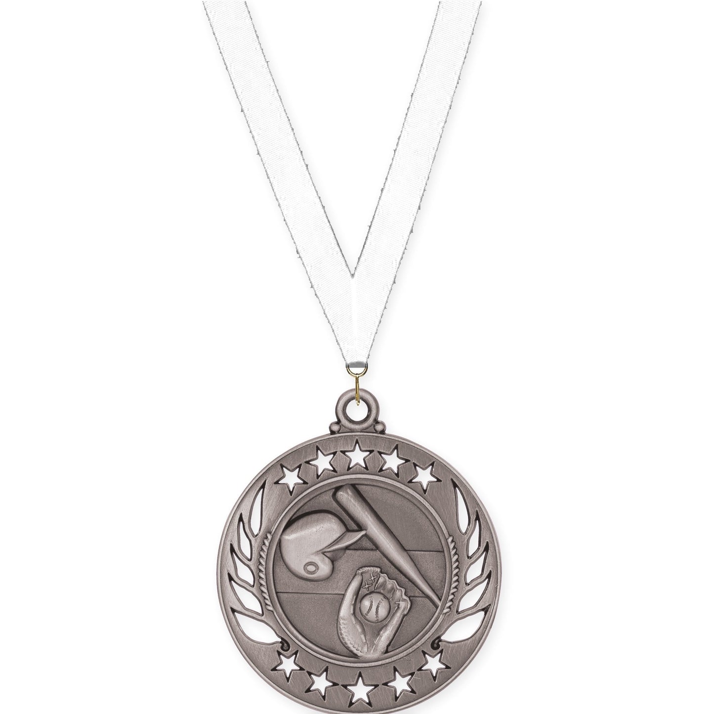 2 1/4 inch baseball and softball Galaxy medal in antique silver with White neck ribbon