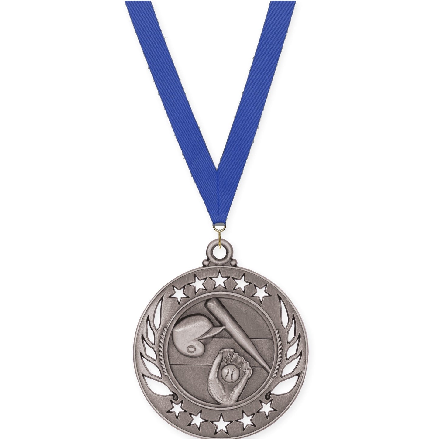 2 1/4 inch baseball and softball Galaxy medal in antique silver with Blue neck ribbon